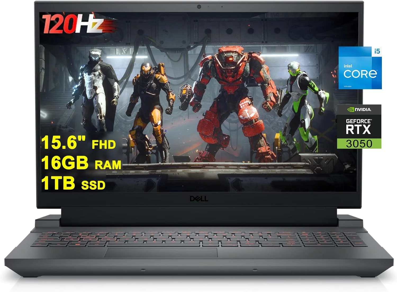 لپ تاپ گیمینگ DELL G15 5530 با صفحه نمایش 15.6 اینچی FHD 120Hz، پردازنده 10 هسته ای Intel i5-13450HX (بهتر از i7-12650H)، رم 16 گیگابایت، حافظه SSD 1 ترابایت، کارت گرافیک GeForce RTX 3050، نور پس زمینه صفحه کلید، USB-C و ویندوز 11 - مشکی