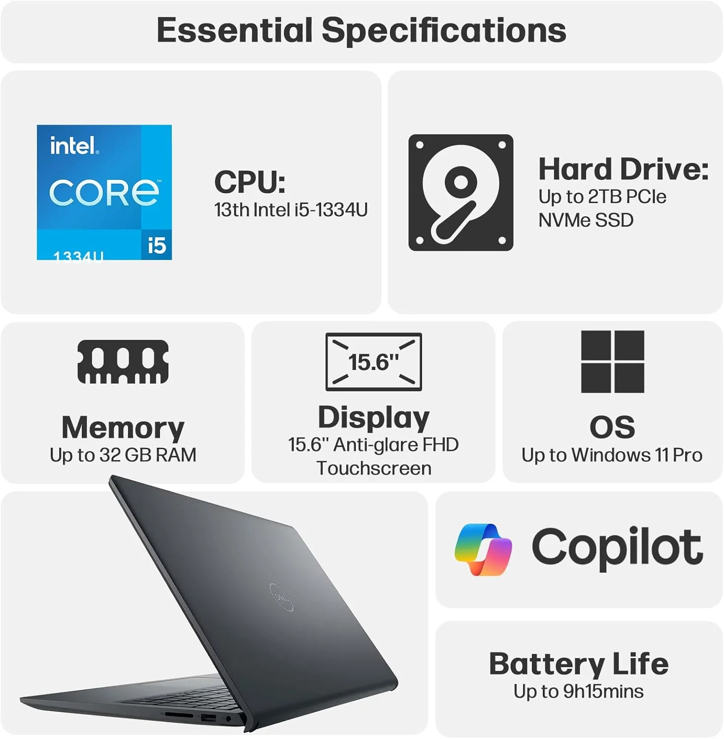 لپ تاپ لمسی 15.6 اینچی Dell Inspiron FHD، پردازنده نسل سیزدهم اینتل 10 هسته ای i5-1334U (بهتر از i7-1250U)، رم 32 گیگابایتی DDR4، SSD 1 ترابایتی PCIe، WiFi 6، بلوتوث، Type-C، HDMI، مشکی، ویندوز 11 پرو S لپ تاپ لمسی 15.6 اینچی Dell Inspiron FHD، پردازنده نسل سیزدهم اینتل 10 هسته ای i5-1334U (بهتر از i7-1250U)، رم 32 گیگابایتی DDR4، SSD 1 ترابایتی PCIe، WiFi 6، بلوتوث، Type-C، HDMI، مشکی، ویندوز 11 پرو S