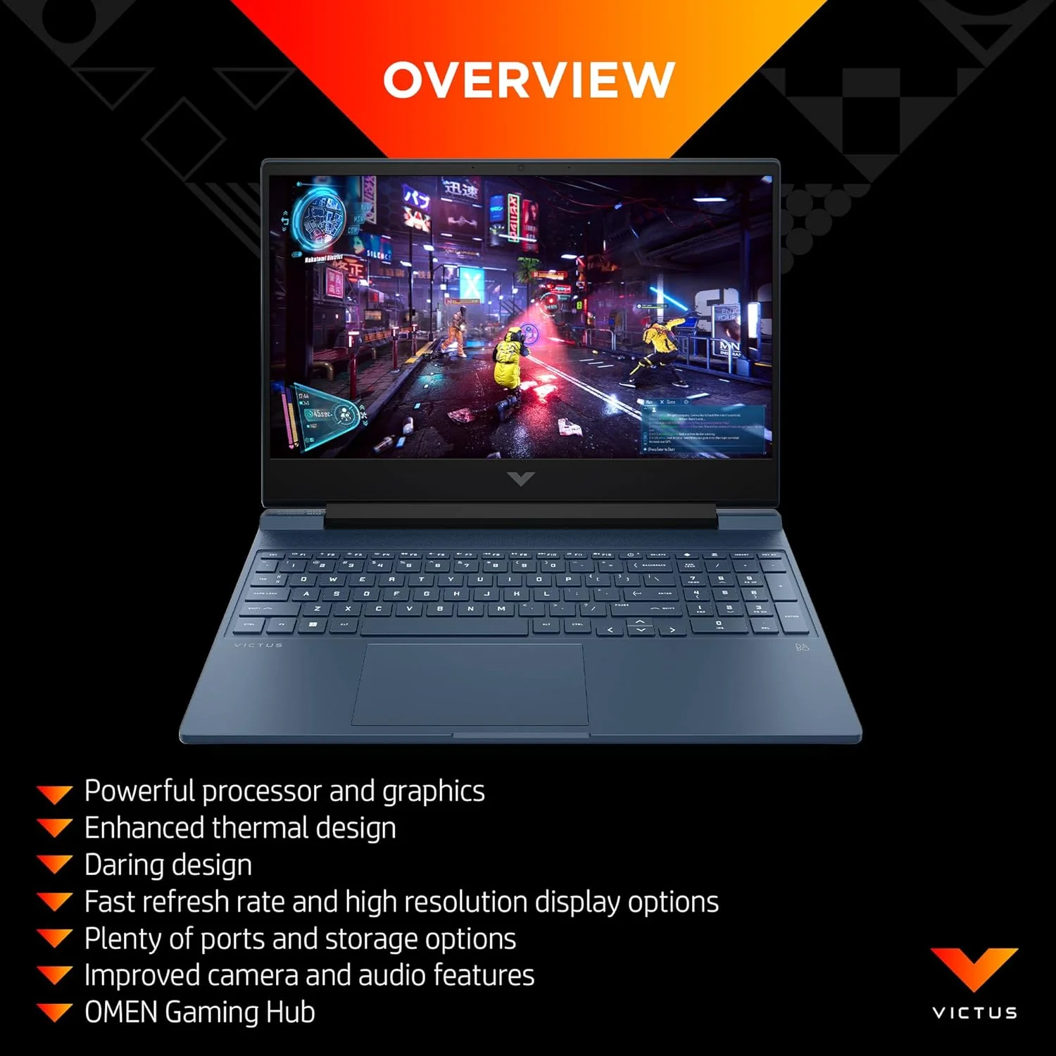 لپ تاپ گیمینگ HP Victus 15-fa1099ne، صفحه نمایش 15.6 اینچی FHD، پردازنده نسل سیزدهم Intel® Core™ i5، رم 8 گیگابایتی، SSD 512 گیگابایتی، گرافیک 4 گیگابایتی NVIDIA® GeForce RTX™ 2050، ویندوز 11 Home، صفحه کلید En-Ar، آبی پرفورمنس - [8H9F6EA]
