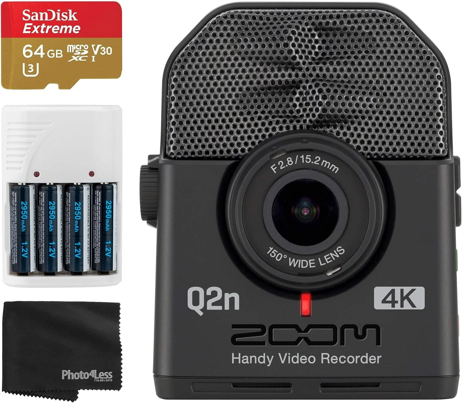 ضبط کننده ویدیویی دستی Zoom Q2n-4K Ultra High Definition برای نوازندگان + کارت حافظه 64 گیگابایتی Extreme UHS-I microSDXC + 4 عدد باتری AA و شارژر + پارچه تمیز کننده - بسته ضبط ویدیویی لوکس