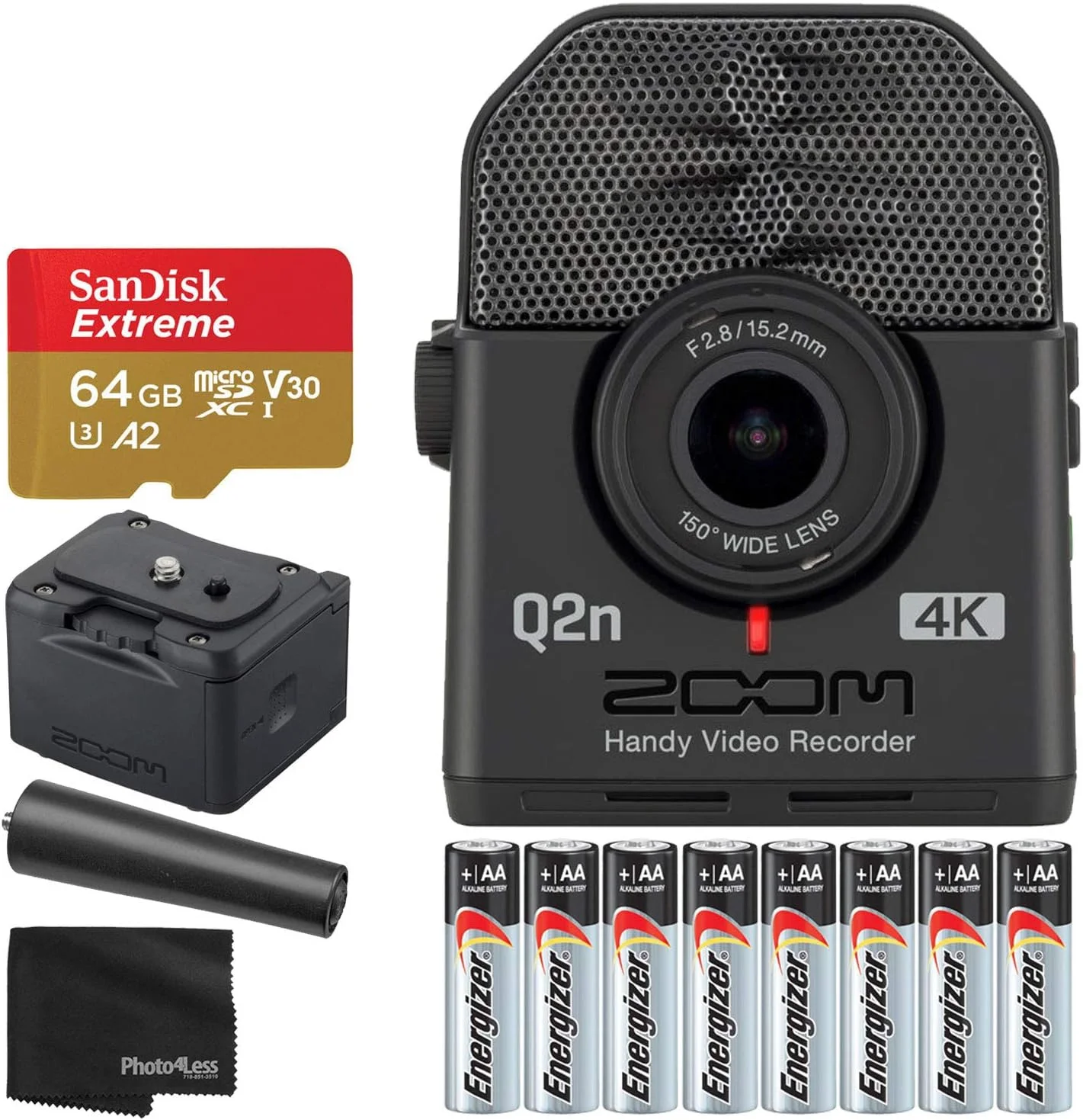 ضبط کننده ویدئویی دستی زوم Q2n-4K Ultra High Definition به همراه آداپتور گیره میکروفون، بسته باتری BCQ-2n، کارت حافظه 64 گیگابایتی Extreme و باتری های AA - بسته لوازم جانبی نهایی