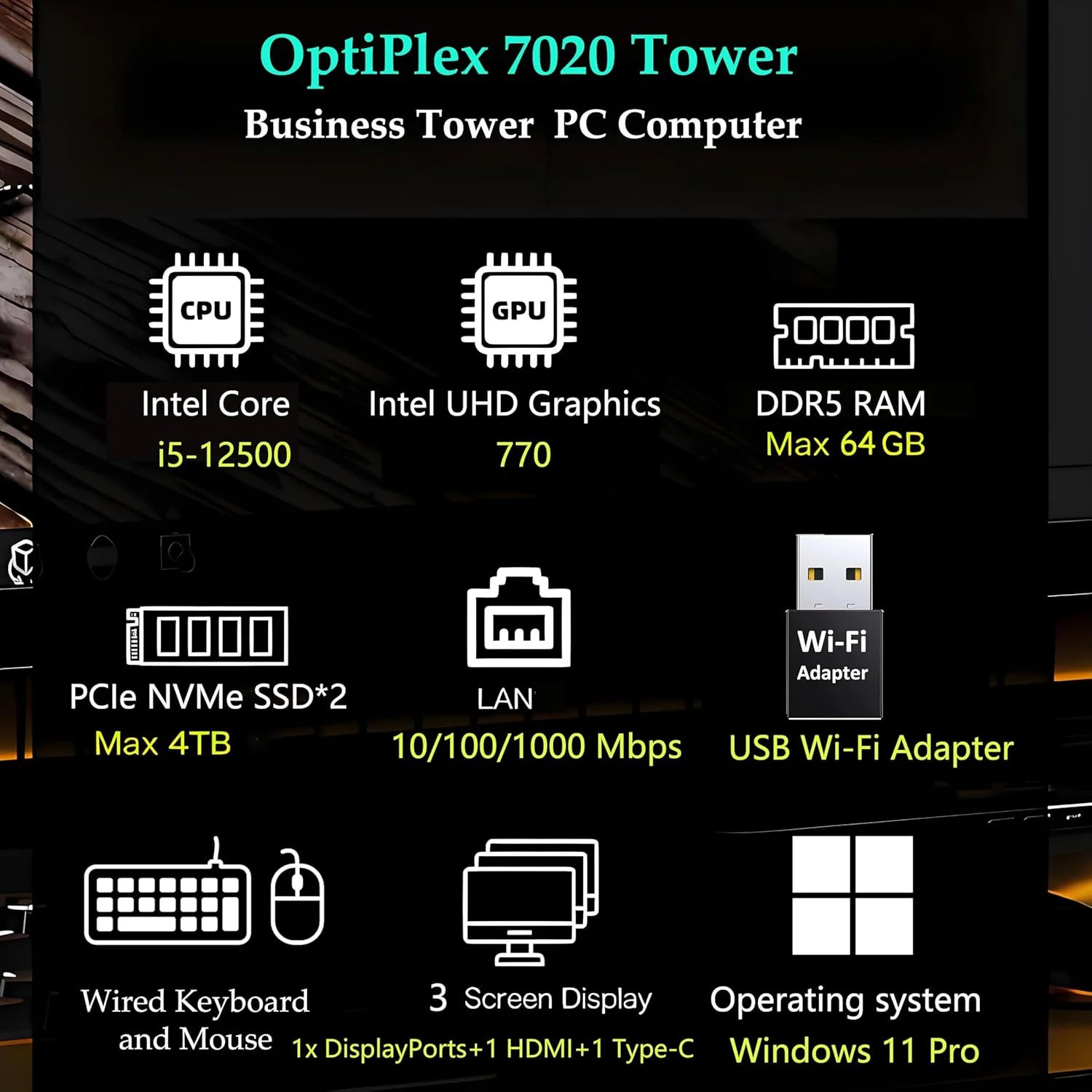 کامپیوتر رومیزی Dell OptiPlex 7010، کامپیوتر رومیزی 7000 Tower، پردازنده Intel Hexa-Core i5-12500 (بهتر از i7-11700)، رم 64 گیگابایتی DDR4، SSD 2 ترابایتی PCIe، DVDRW، آداپتور USB WiFi، RJ-45، HDMI، DisplayPort، ویندوز 11 پرو