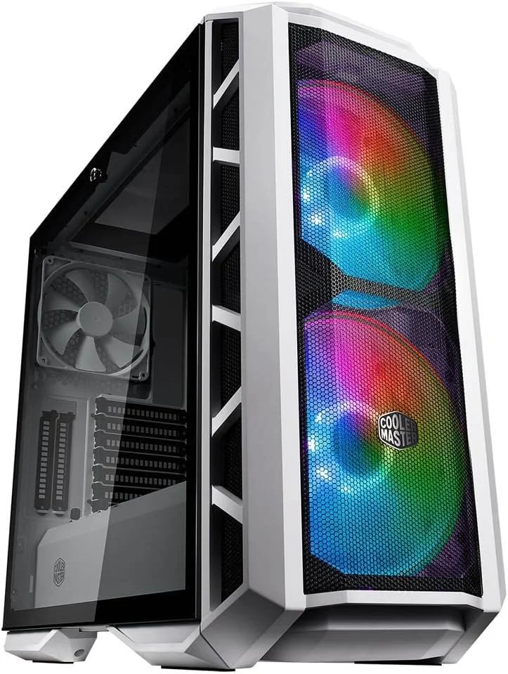 کیس مستر کولر Mastercase H500P Mesh White Atx Mid Tower با تهویه مشبک جلو، 2 عدد فن 200 میلی متری RGB، پنل جانبی شیشه ای حرارت دیده و 2 عدد اسلات عمودی کارت گرافیک PCI، خاکستری