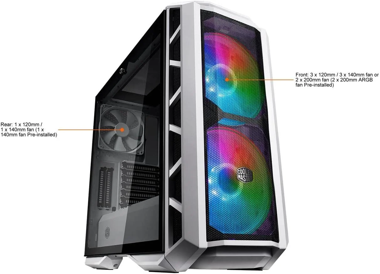 کیس مستر کولر Mastercase H500P Mesh White Atx Mid Tower با تهویه مشبک جلو، 2 عدد فن 200 میلی متری RGB، پنل جانبی شیشه ای حرارت دیده و 2 عدد اسلات عمودی کارت گرافیک PCI، خاکستری