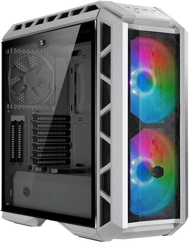 کیس مستر کولر Mastercase H500P Mesh White Atx Mid Tower با تهویه مشبک جلو، 2 عدد فن 200 میلی متری RGB، پنل جانبی شیشه ای حرارت دیده و 2 عدد اسلات عمودی کارت گرافیک PCI، خاکستری