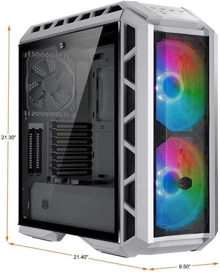 کیس مستر کولر Mastercase H500P Mesh White Atx Mid Tower با تهویه مشبک جلو، 2 عدد فن 200 میلی متری RGB، پنل جانبی شیشه ای حرارت دیده و 2 عدد اسلات عمودی کارت گرافیک PCI، خاکستری