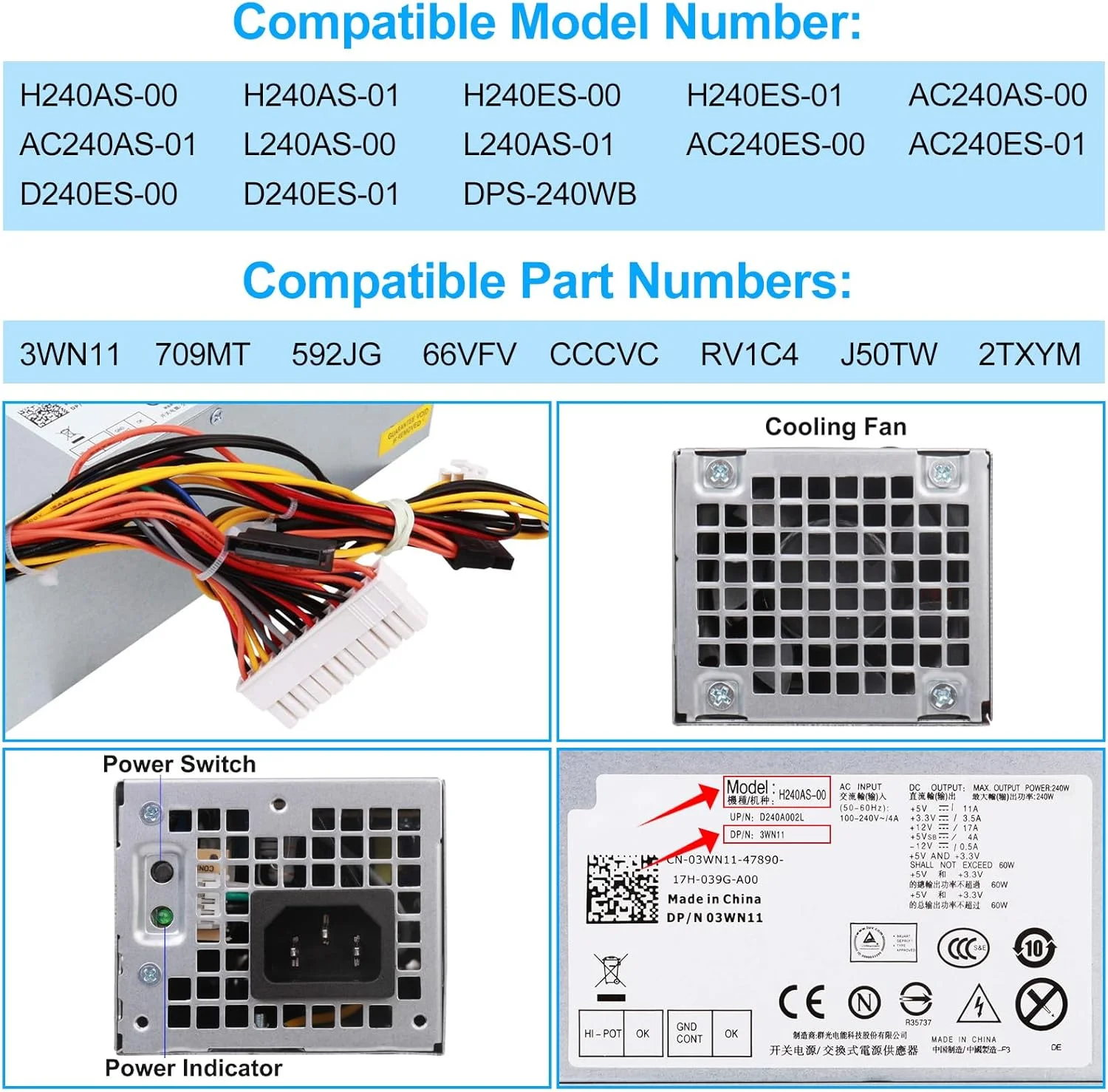 منبع تغذیه 240 واتی S-Union برای Dell Optiplex 390 790 960 990 3010 7010 9010، فقط برای فرم فاکتور کوچک SFF مدل های H240ES-00 D240ES-00 AC240AS-00 AC240ES-00 DPS-240WB LB 240AS 00 H240AS-00 3WN11