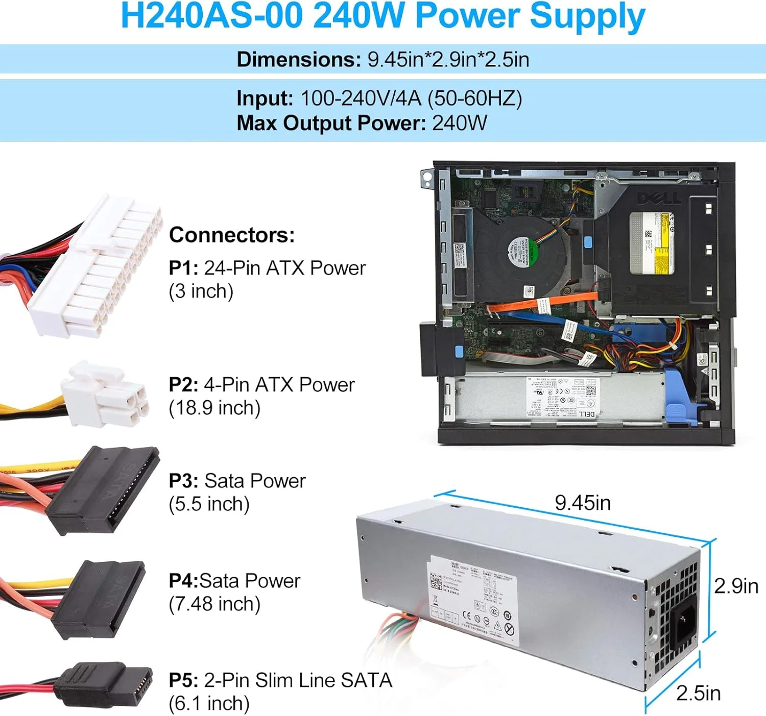 منبع تغذیه 240 واتی S-Union برای Dell Optiplex 390 790 960 990 3010 7010 9010، فقط برای فرم فاکتور کوچک SFF مدل های H240ES-00 D240ES-00 AC240AS-00 AC240ES-00 DPS-240WB LB 240AS 00 H240AS-00 3WN11