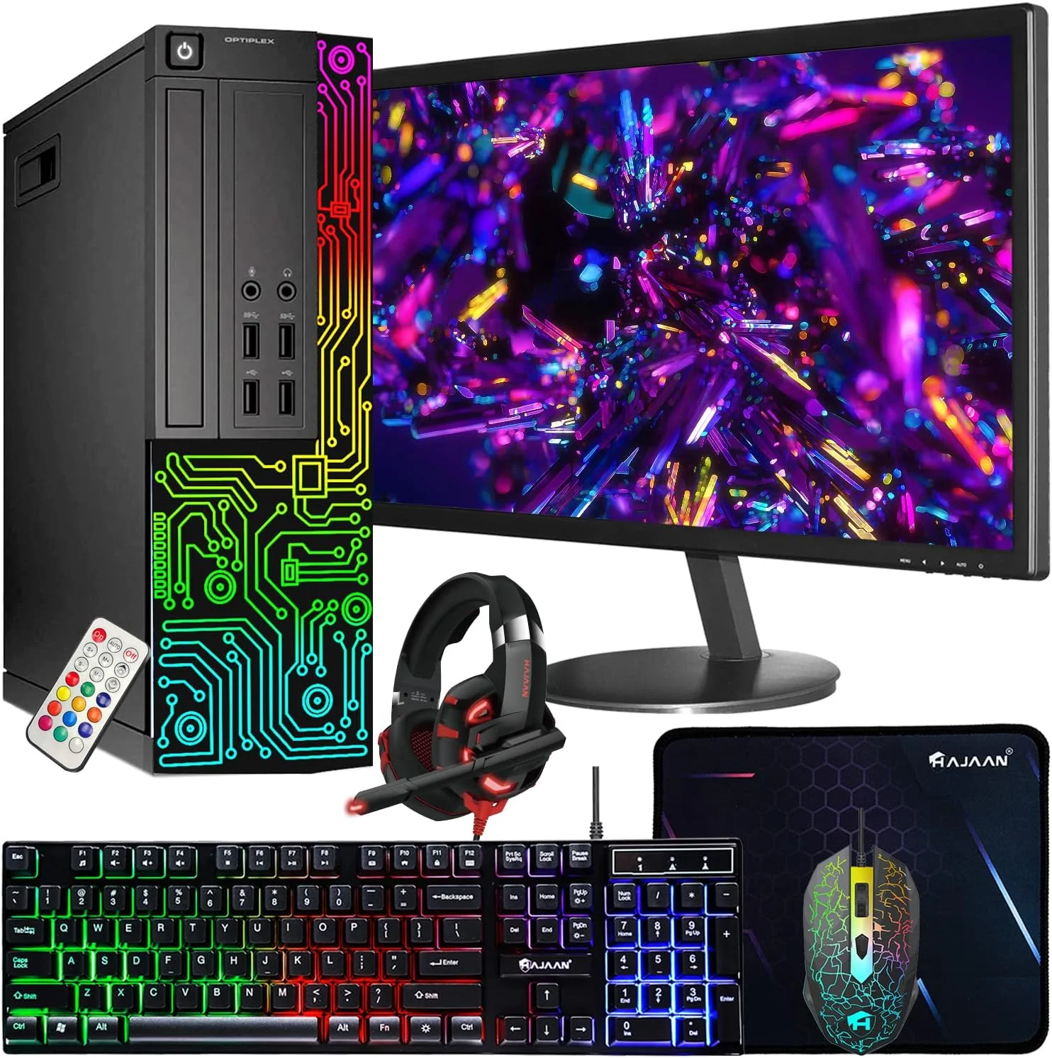 کامپیوتر رومیزی دل OptiPlex با نورپردازی RGB، پردازنده چهارهسته‌ای Intel Core i7، رم 16 گیگابایتی، حافظه SSD 512 گیگابایتی، مانیتور 24 اینچی HDMI، ماوس و کیبورد و هدست RGB، وای فای، ویندوز 10 پرو (بازسازی شده)
