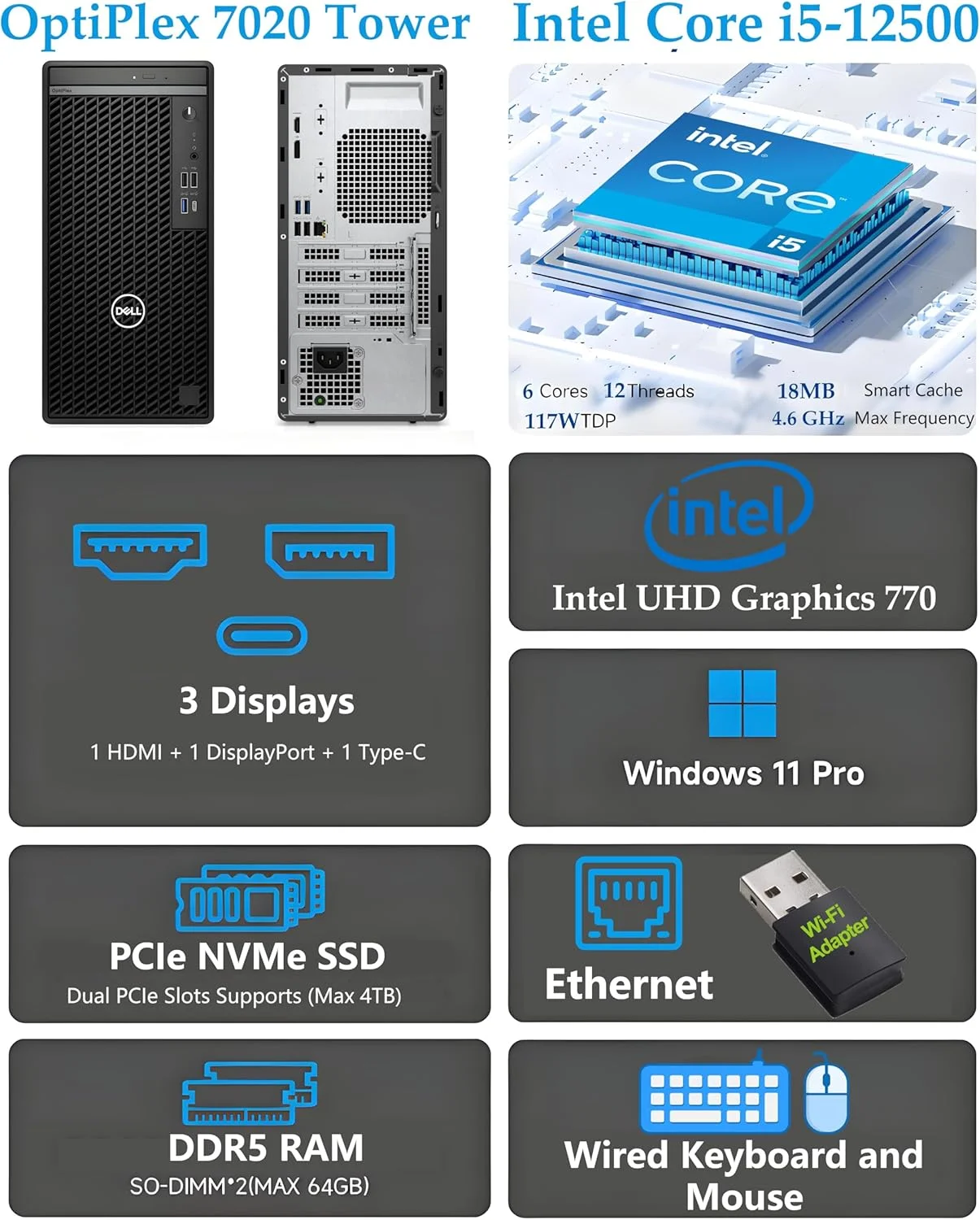 کامپیوتر رومیزی تجاری Dell OptiPlex 7010 Tower، نسل سیزدهم اینتل 14 هسته ای i5-13500 (بهتر از i7-12700)، رم 32 گیگابایتی DDR4، SSD 1 ترابایتی PCIe، DVDRW، آداپتور WiFi، RJ-45، HDMI، صفحه کلید و ماوس، ویندوز 11 پرو