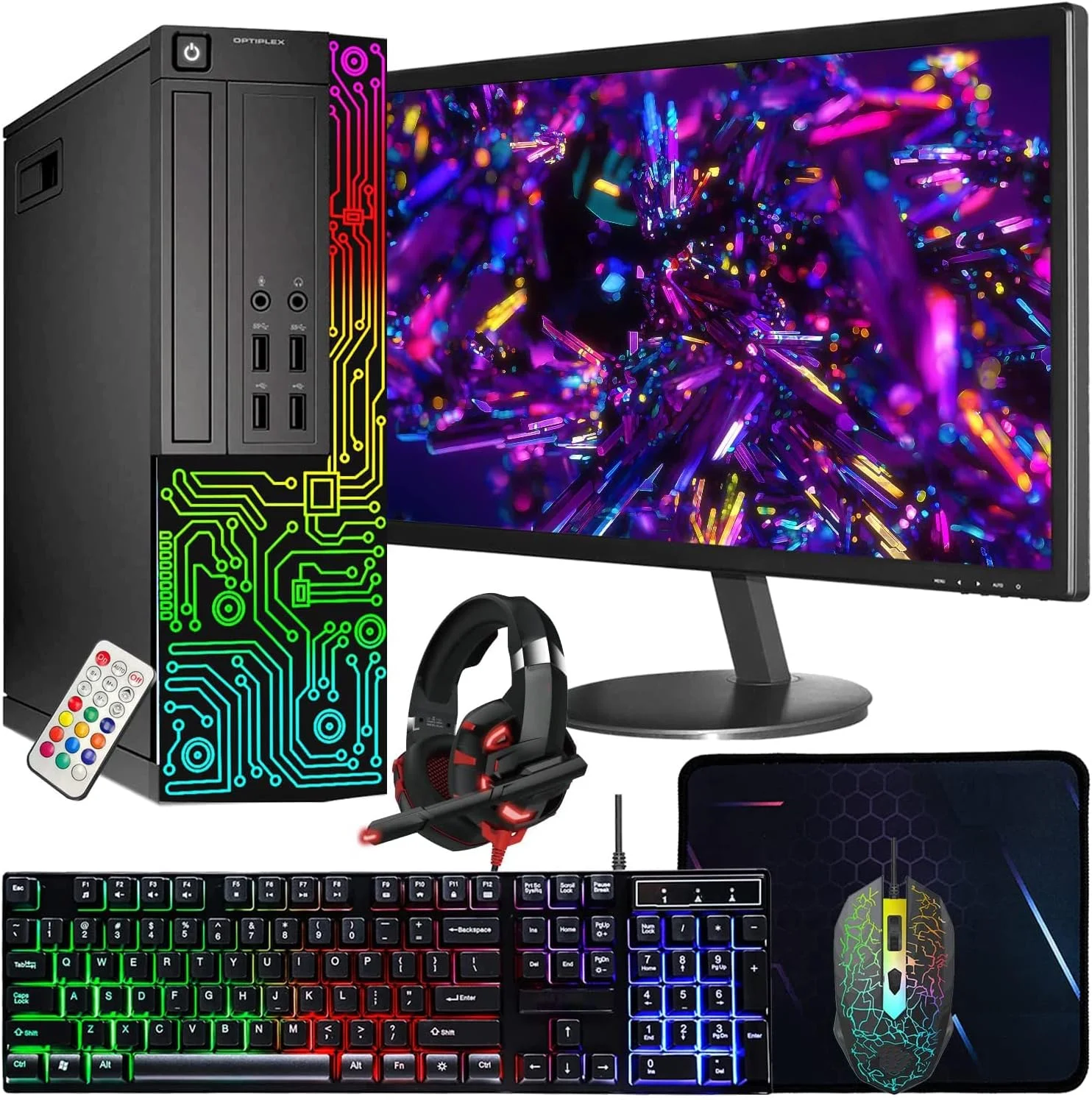 کامپیوتر رومیزی دل OptiPlex با نورپردازی RGB، پردازنده چهارهسته‌ای Intel Core i7، رم 16 گیگابایتی، حافظه SSD 512 گیگابایتی، مانیتور 24 اینچی HDMI، ماوس و کیبورد و هدست RGB، وای فای، ویندوز 10 پرو (بازسازی شده)