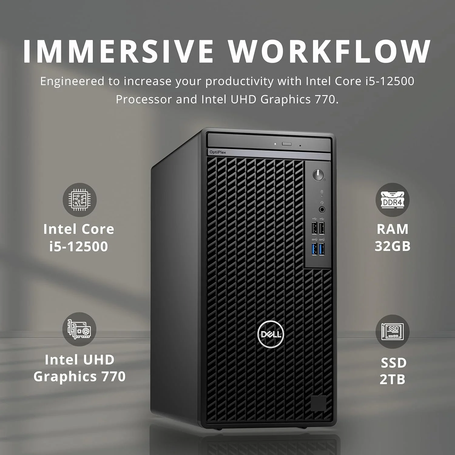 کامپیوتر رومیزی Dell OptiPlex 3000 مدل Full Size Tower، پردازنده Intel Core i5-12500، رم 32 گیگابایتی DDR4، حافظه SSD 2 ترابایتی PCIe، DVDRW، اترنت، آداپتور WiFi، کیبورد و ماوس، ویندوز 11 پرو، مشکی