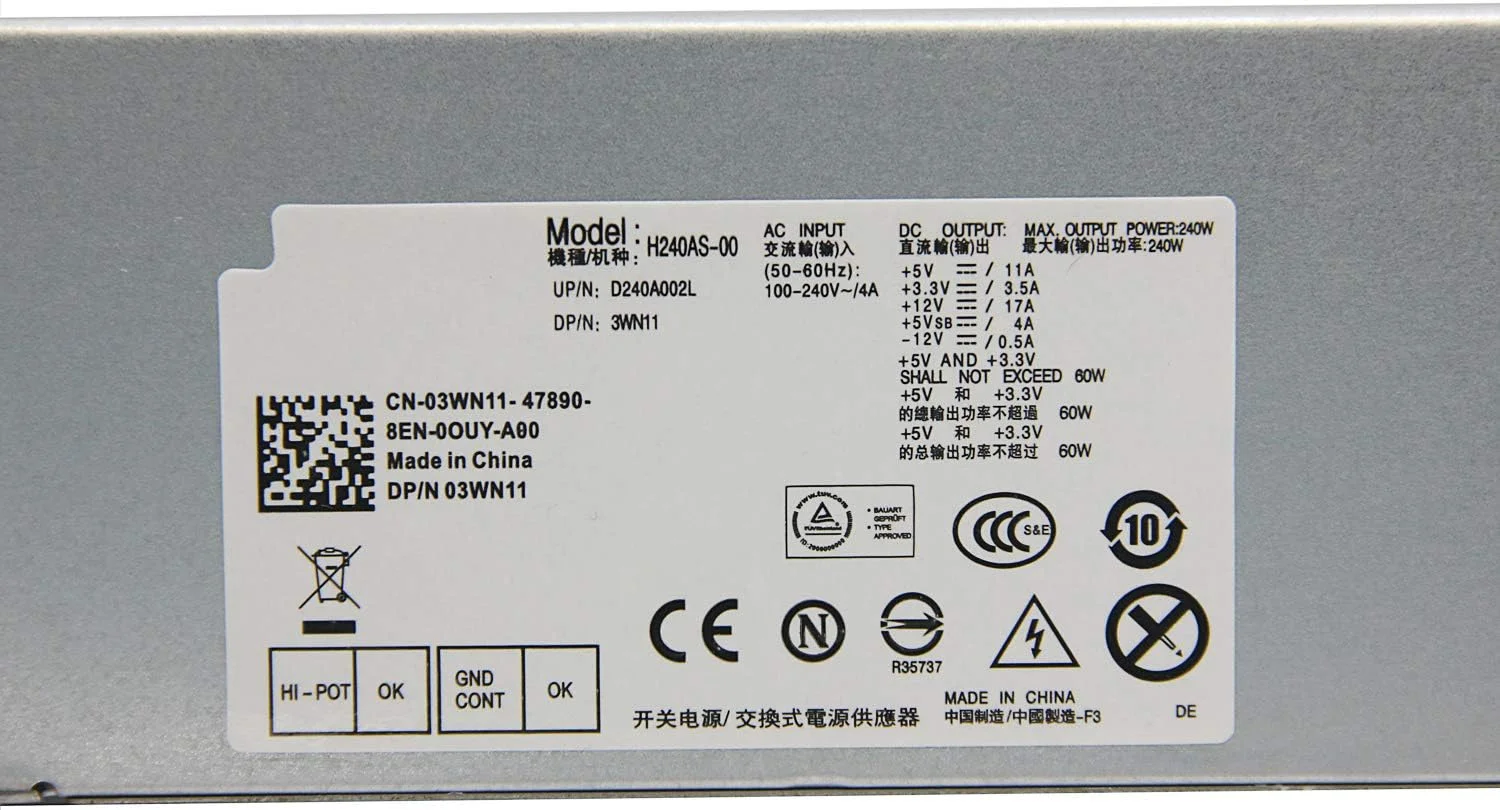 منبع تغذیه 240 واتی دسکتاپ PSU برای Dell Optiplex 390 790 990 960 7010 9010 3010 سیستم فرم فاکتور کوچک SFF مدل های H240AS-00 H240AS-01 D240ES-00 DPS-240WB AC240AS-00 H240ES-00 L240AS-00 AC240ES-00