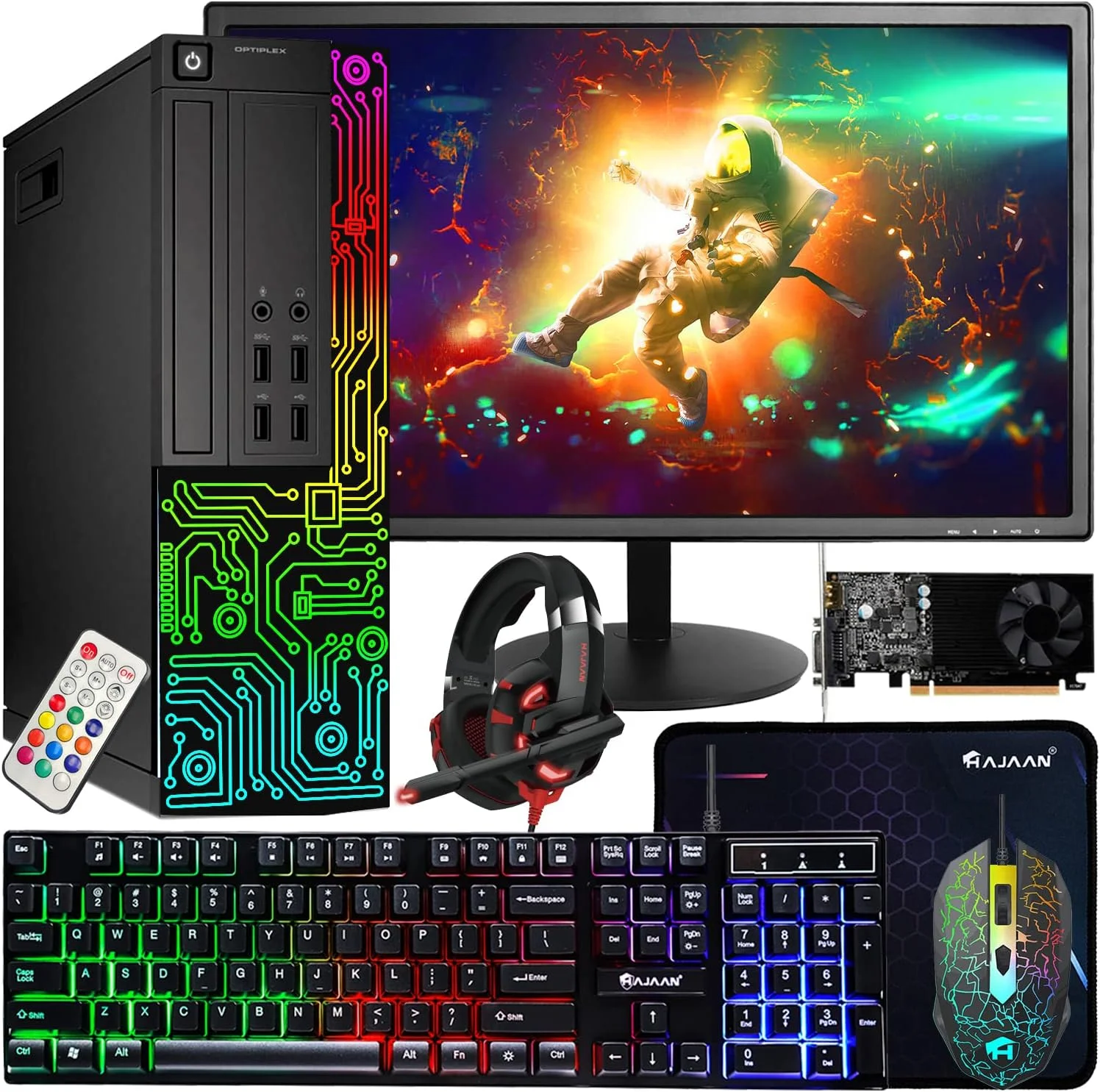 کامپیوتر گیمینگ رومیزی دل OptiPlex RGB، پردازنده Intel Core i7، کارت گرافیک GeForce GT 1030 2GB GDDR5، رم 16 گیگابایتی، SSD 512 گیگابایتی، مانیتور 24 اینچی HDMI، کیبورد، ماوس و هدست، WiFi، ویندوز 10 پرو (بازسازی شده)