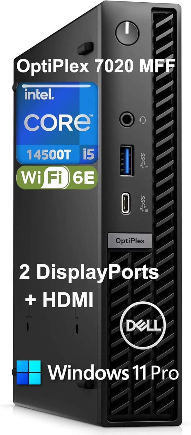 کامپیوتر رومیزی تجاری کوچک Dell OptiPlex 7020 MFF Micro Form Factor، نسل چهاردهم اینتل 14 هسته ای i5-14500T (بهتر از i7-13700T)، WiFi 6E، 2 پورت DisplayPort + HDMI، ویندوز 11 پرو (16 گیگابایت رم | 1 ترابایت SSD)