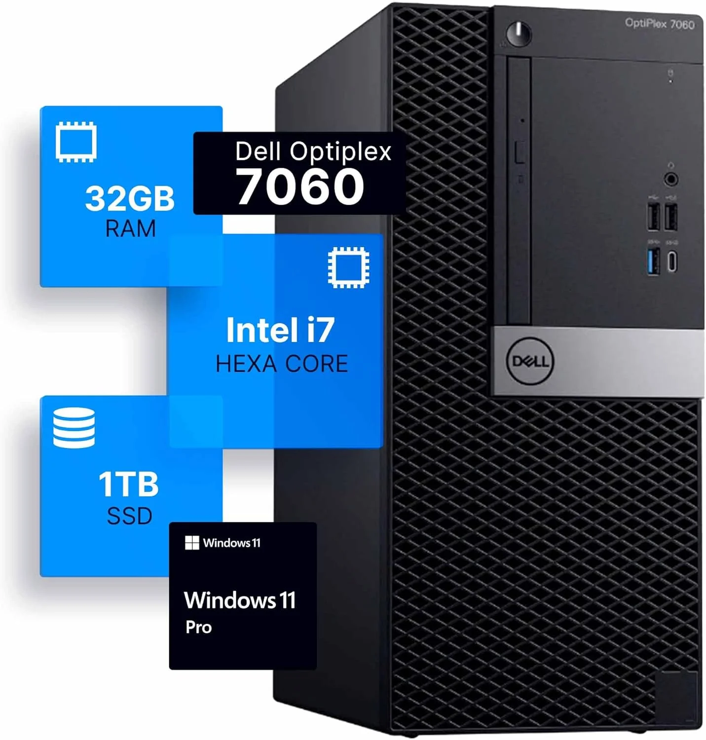 کامپیوتر رومیزی Dell Optiplex 7060 Tower | پردازنده Intel i7-8700 (3.4) | رم 32 گیگابایتی DDR4 | حافظه SSD 1 ترابایتی | ویندوز 11 پرو | کامپیوتر خانگی یا اداری (بازسازی شده)
