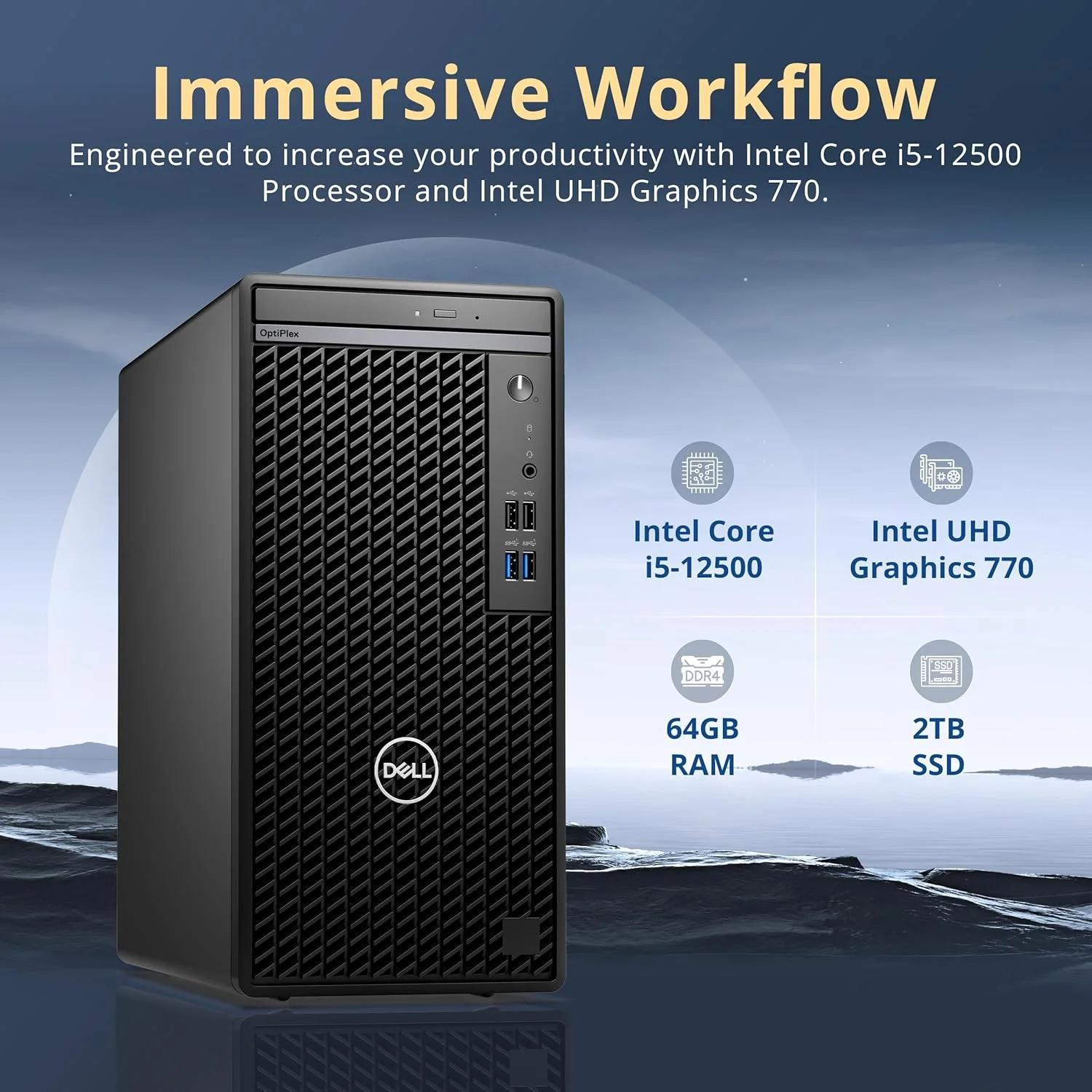 کامپیوتر رومیزی Dell OptiPlex 3000 مدل Full Size Tower، پردازنده Intel Core i5-12500، رم 64 گیگابایتی DDR4، حافظه SSD 2 ترابایتی PCIe، DVDRW، اترنت، آداپتور WiFi، کیبورد و ماوس، ویندوز 11 پرو، مشکی