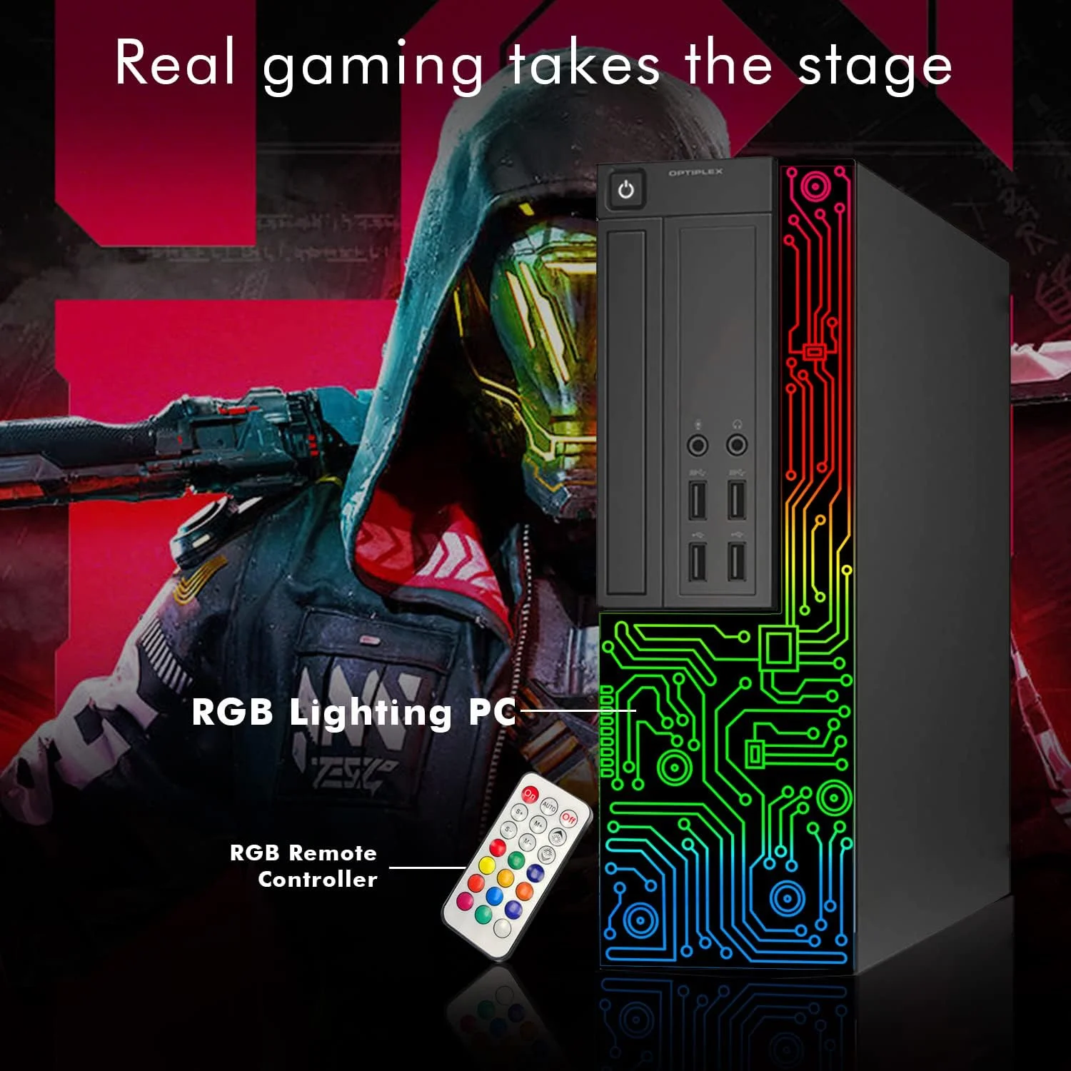 کامپیوتر گیمینگ رومیزی دل OptiPlex RGB، پردازنده Intel Core i7، کارت گرافیک GeForce GT 1030 2GB GDDR5، رم 16 گیگابایتی، SSD 512 گیگابایتی، مانیتور 24 اینچی HDMI، کیبورد، ماوس و هدست، WiFi، ویندوز 10 پرو (بازسازی شده)