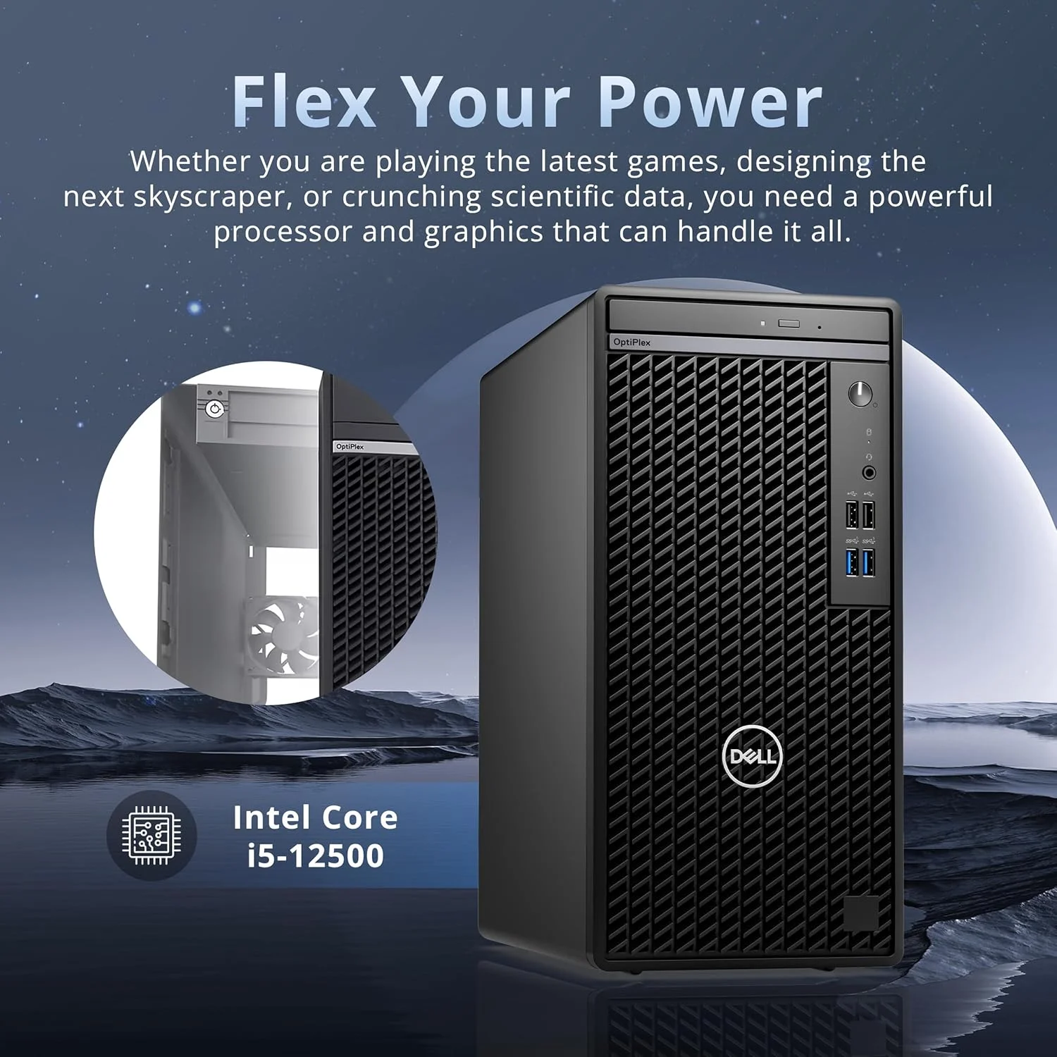 کامپیوتر رومیزی Dell OptiPlex 3000 مدل Full Size Tower، پردازنده Intel Core i5-12500، رم 64 گیگابایتی DDR4، حافظه SSD 2 ترابایتی PCIe، DVDRW، اترنت، آداپتور WiFi، کیبورد و ماوس، ویندوز 11 پرو، مشکی