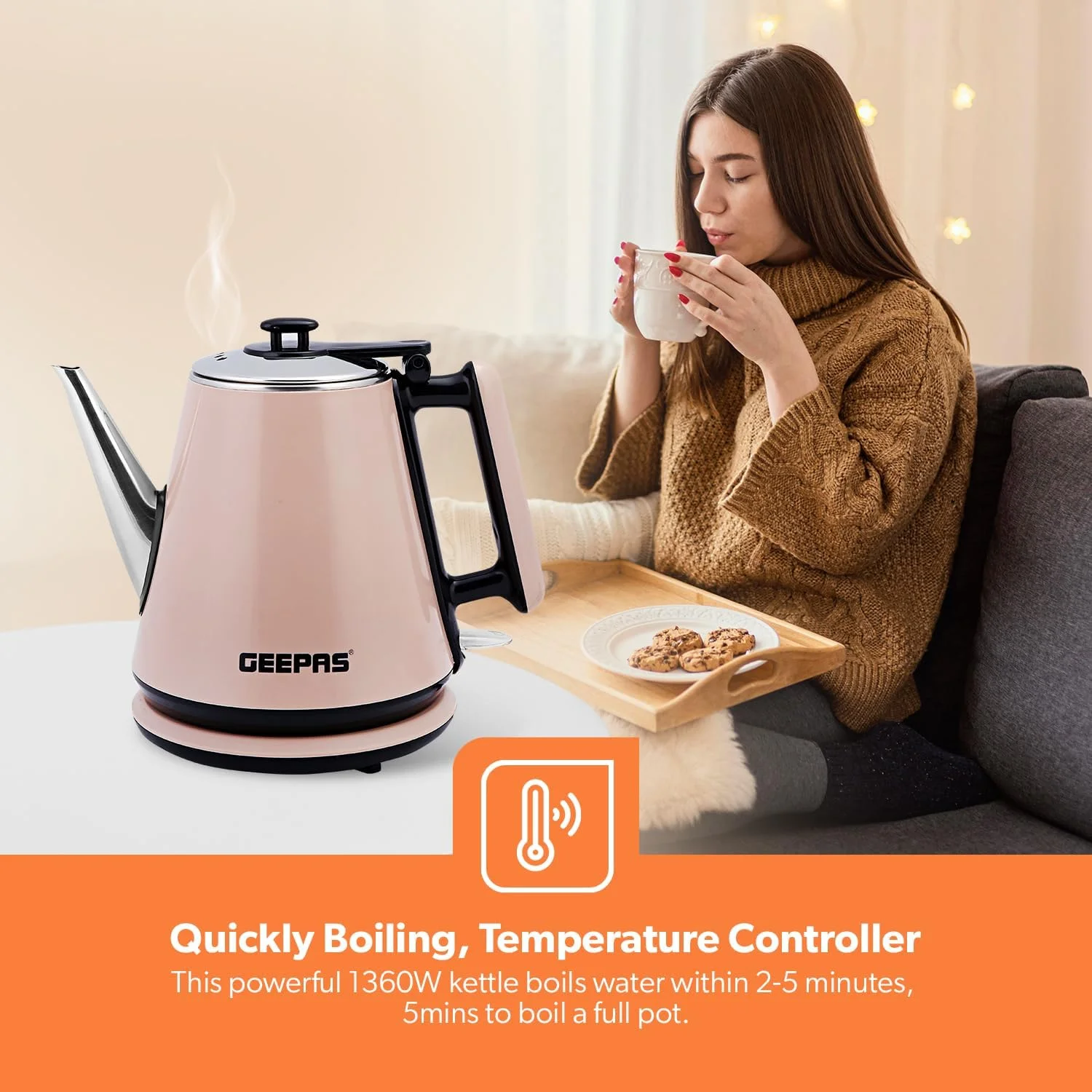 کتری برقی دو لایه قابل حمل جیپاس با ظرفیت 1.2 لیتر، دارای استیل ضد زنگ داخلی و خاموش شدن خودکار مدل GK38012