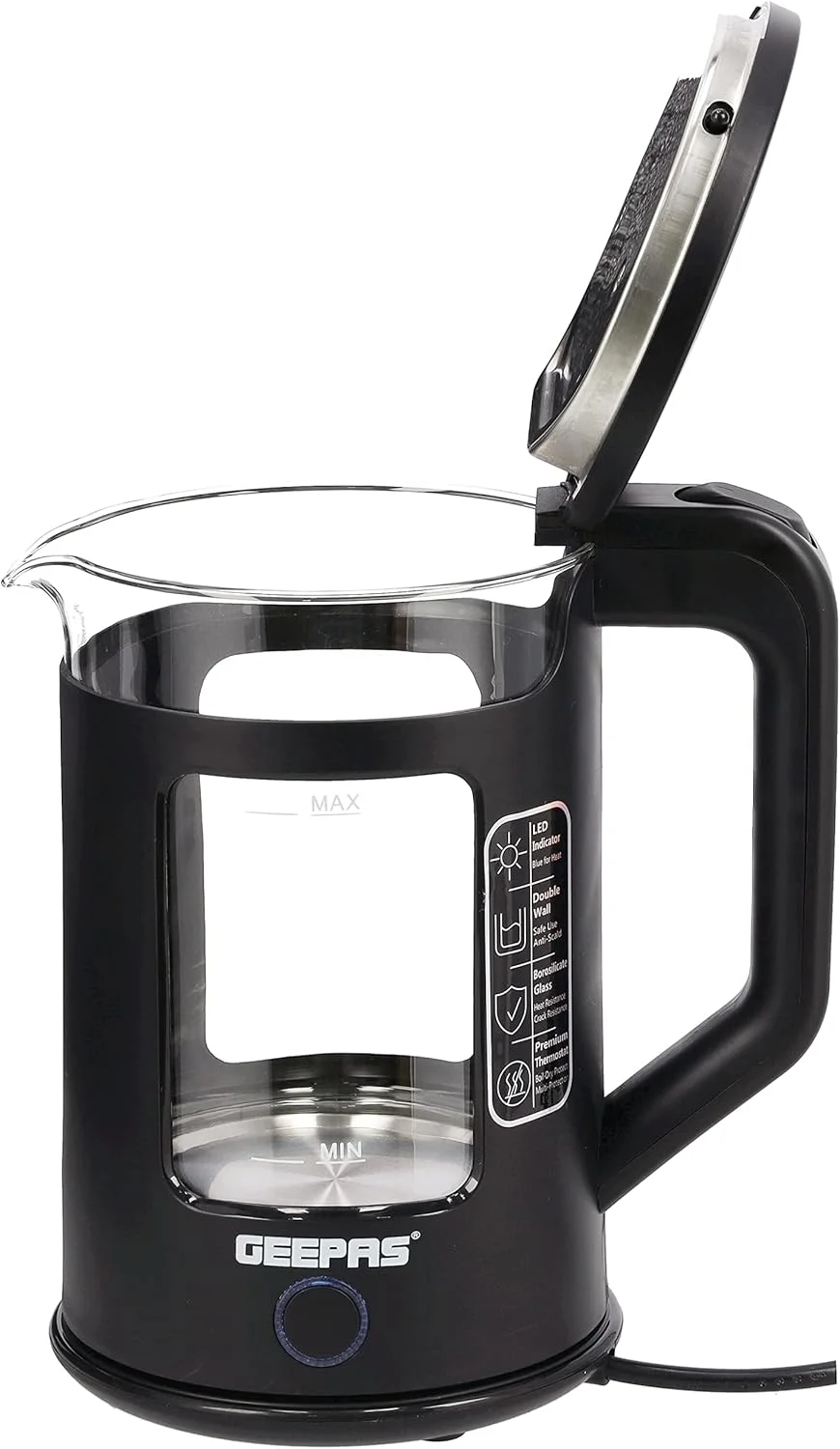 کتری شیشه ای دو لایه Geepas، ظرفیت 1.7 لیتر، مدل GK38049 | خاموش شدن خودکار و محافظت در برابر خشک شدن | بی سیم با چراغ LED آبی | پایه بی سیم 360 درجه کتری شیشه ای دو لایه Geepas، ظرفیت 1.7 لیتر، مدل GK38049 | خاموش شدن خودکار و محافظت در برابر خشک شدن | بی سیم با چراغ LED آبی | پایه بی سیم 360 درجه