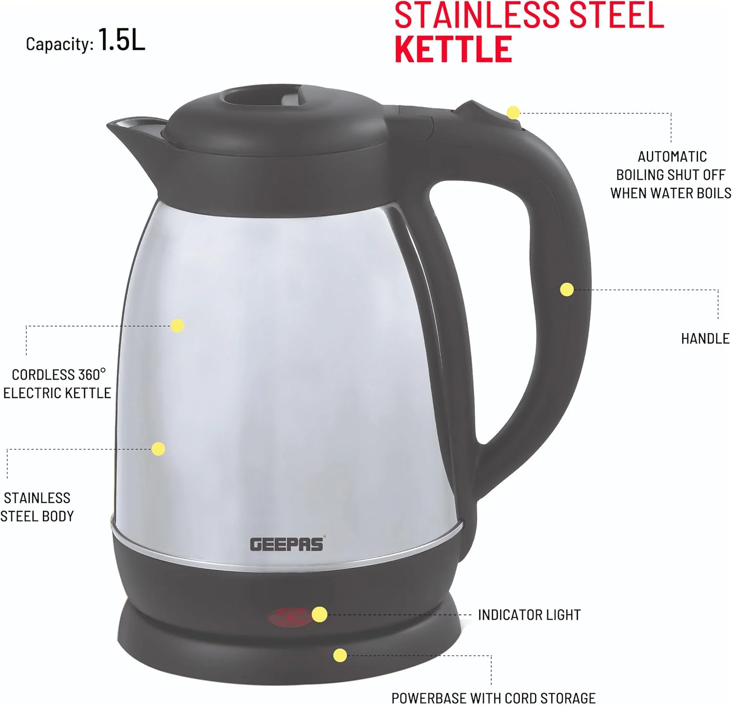 کتری برقی 1.5 لیتری استیل ضد زنگ Geepas - GK5459