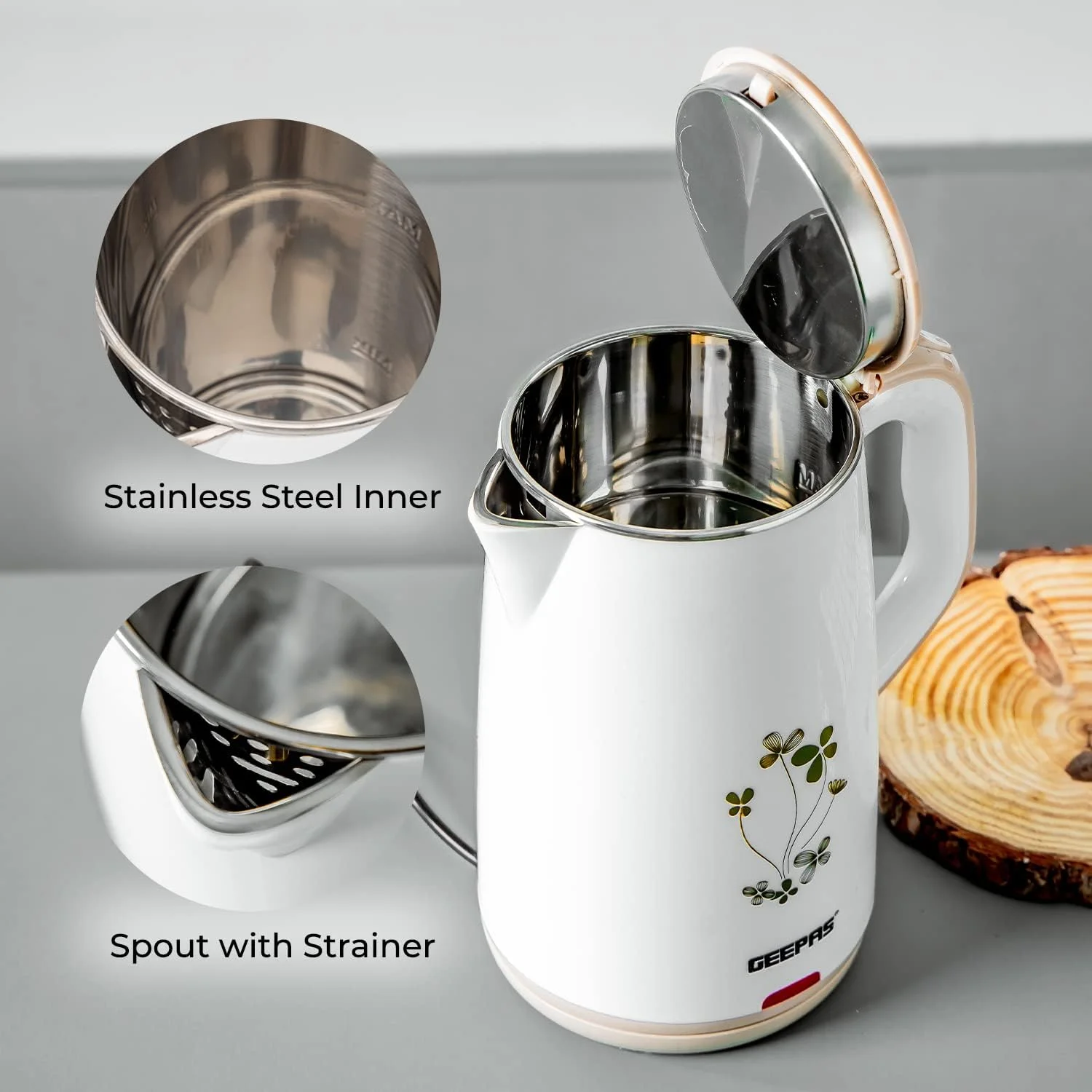 کتری برقی 1.8 لیتری 1500 وات Geepas GK6138 - دارای استیل ضد زنگ داخلی، ایمنی در برابر خشک شدن و خاموش شدن خودکار | گرم شدن سریع و آسان آب، چای و قهوه | 2 سال گارانتی