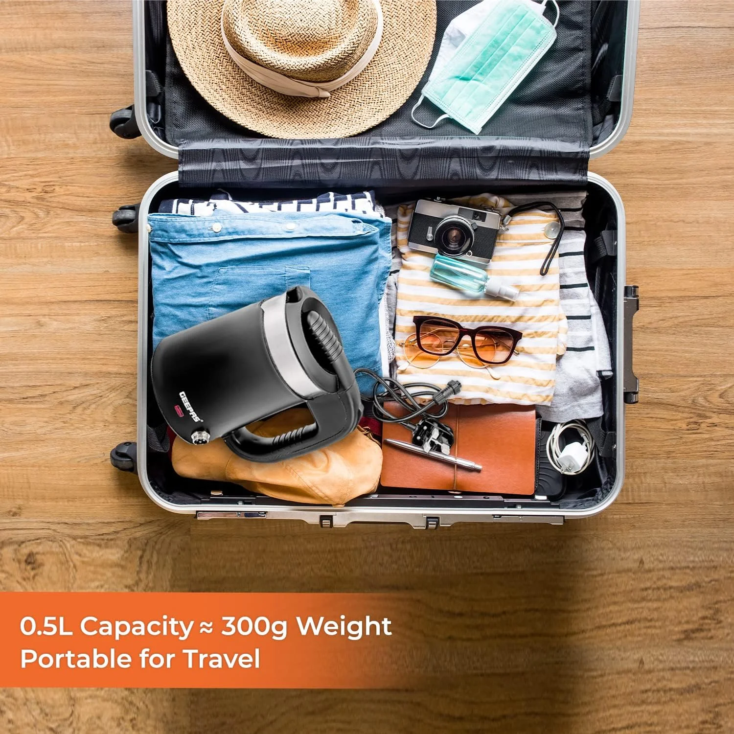 کتری مسافرتی دو لایه 2 در 1 Geepas، کتری 0.5 لیتری، GK38055 | کتری برقی قابل حمل 12 ولت خودرو | ماگ قهوه استیل ضد زنگ با شارژر فندکی