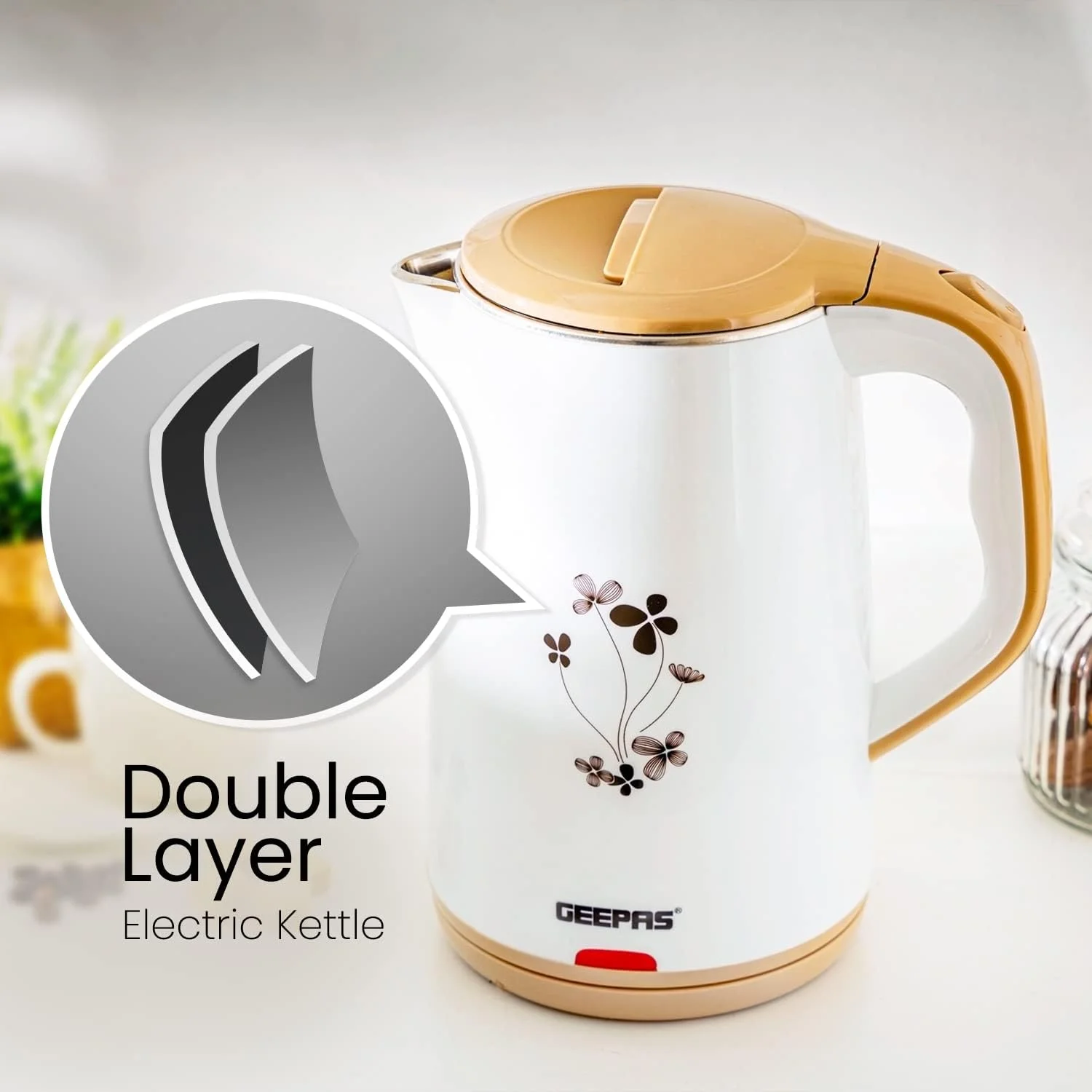 کتری برقی 1.8 لیتری 1500 وات Geepas GK6138 - دارای استیل ضد زنگ داخلی، ایمنی در برابر خشک شدن و خاموش شدن خودکار | گرم شدن سریع و آسان آب، چای و قهوه | 2 سال گارانتی