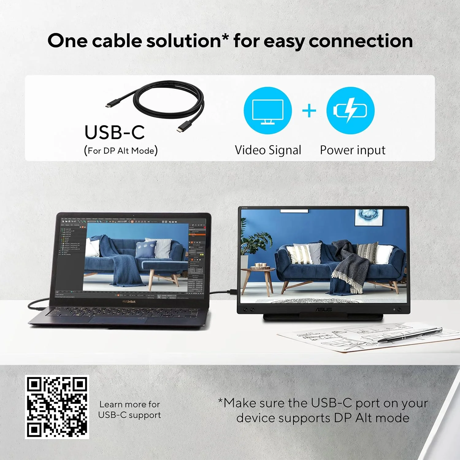 مانیتور قابل حمل USB ایسوس ZenScreen MB166C - 15.6 اینچ، Full HD، IPS، USB Type-C، بدون پرش تصویر، فیلتر نور آبی، سطح ضد تابش