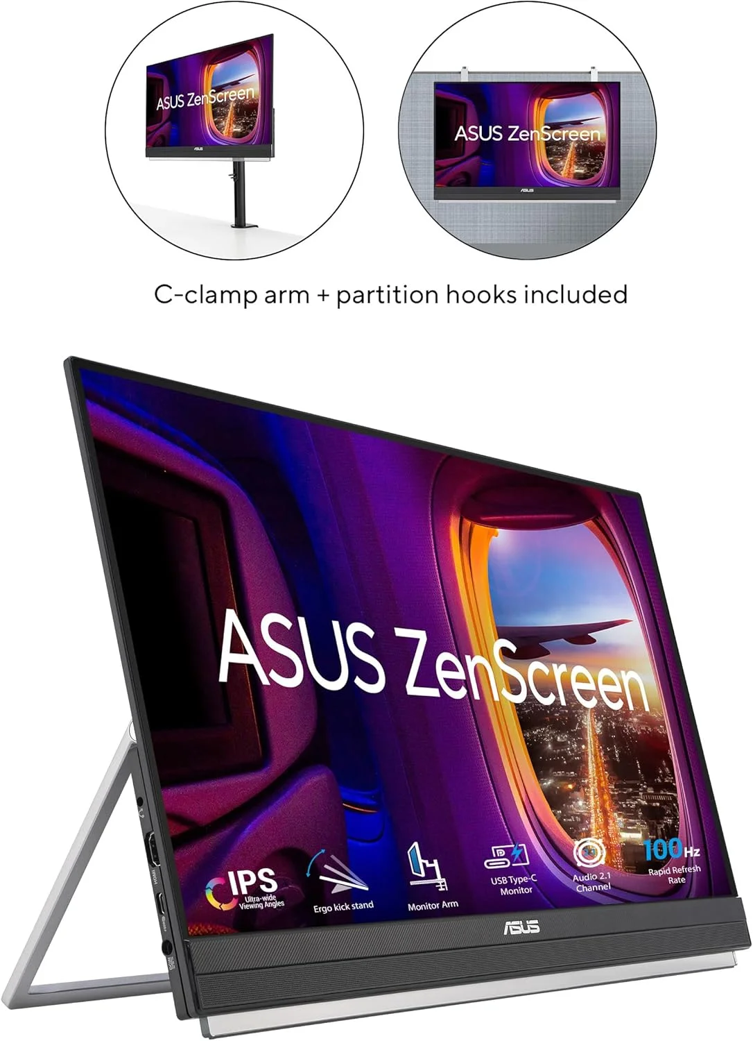 مانیتور قابل حمل 22 اینچی (21.5 اینچ قابل مشاهده) ایسوس ZenScreen (MB229CF) - Full HD، IPS، 100 هرتز، USB-C، محافظت از چشم، بلندگوها، دسته حمل، پایه، بازوی C-clamp، قلاب پارتیشن، ساب ووفر، 3 سال گارانتی