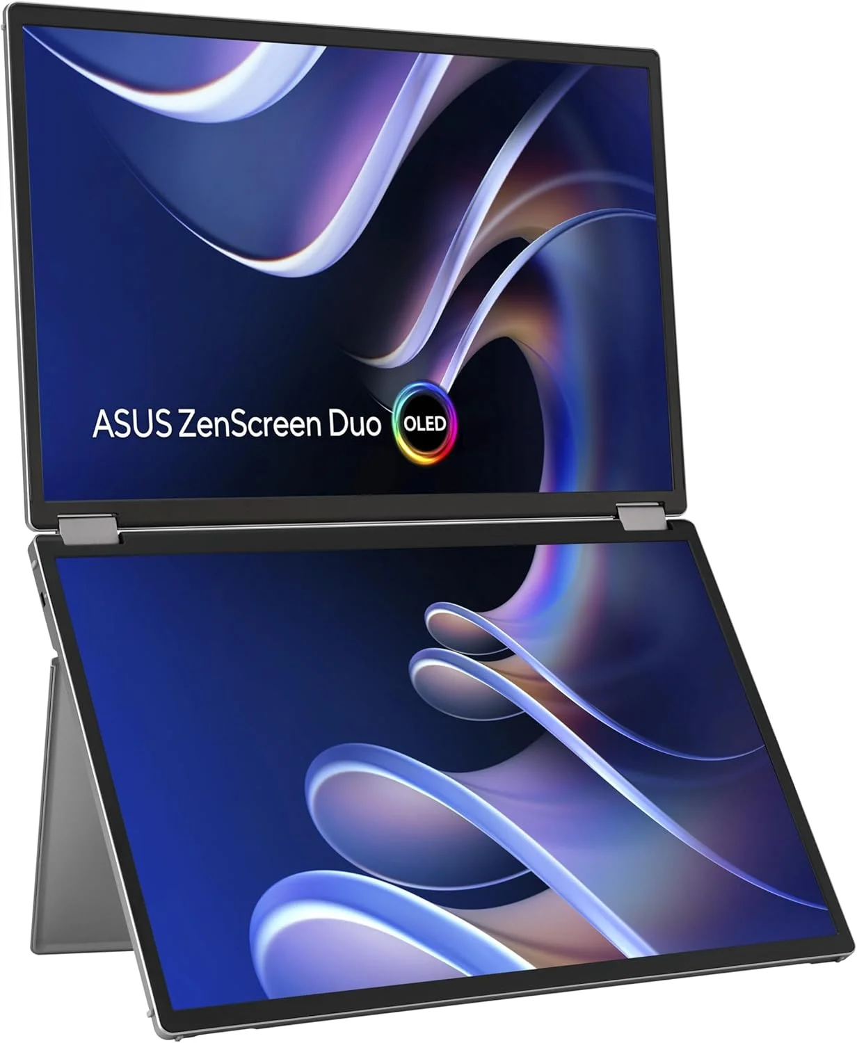 مانیتور قابل حمل تاشو 360 درجه ASUS ZenScreen Duo OLED MQ149CD - دو نمایشگر 14 اینچی، 16:10، 1920x1200 FHD، پنل های OLED. DisplayHDR™ 400 True Black، 100% DCI-P3، Delta<2، دو پورت USB Type-C®، mini-HDMI®