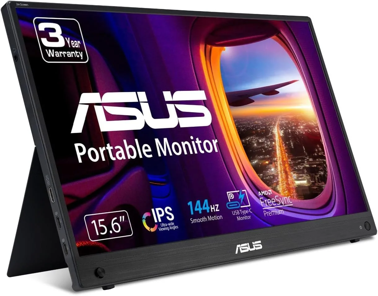 مانیتور قابل حمل ASUS ZenScreen MB16AHG - سایز 15.6 اینچ FHD (1920 x 1080)، IPS، 144 هرتز، USB-C، Mini-HDMI، Freesync Premium™، پایه ارگونومیک، سوکت سه پایه، بدون پرش تصویر، نور آبی کم