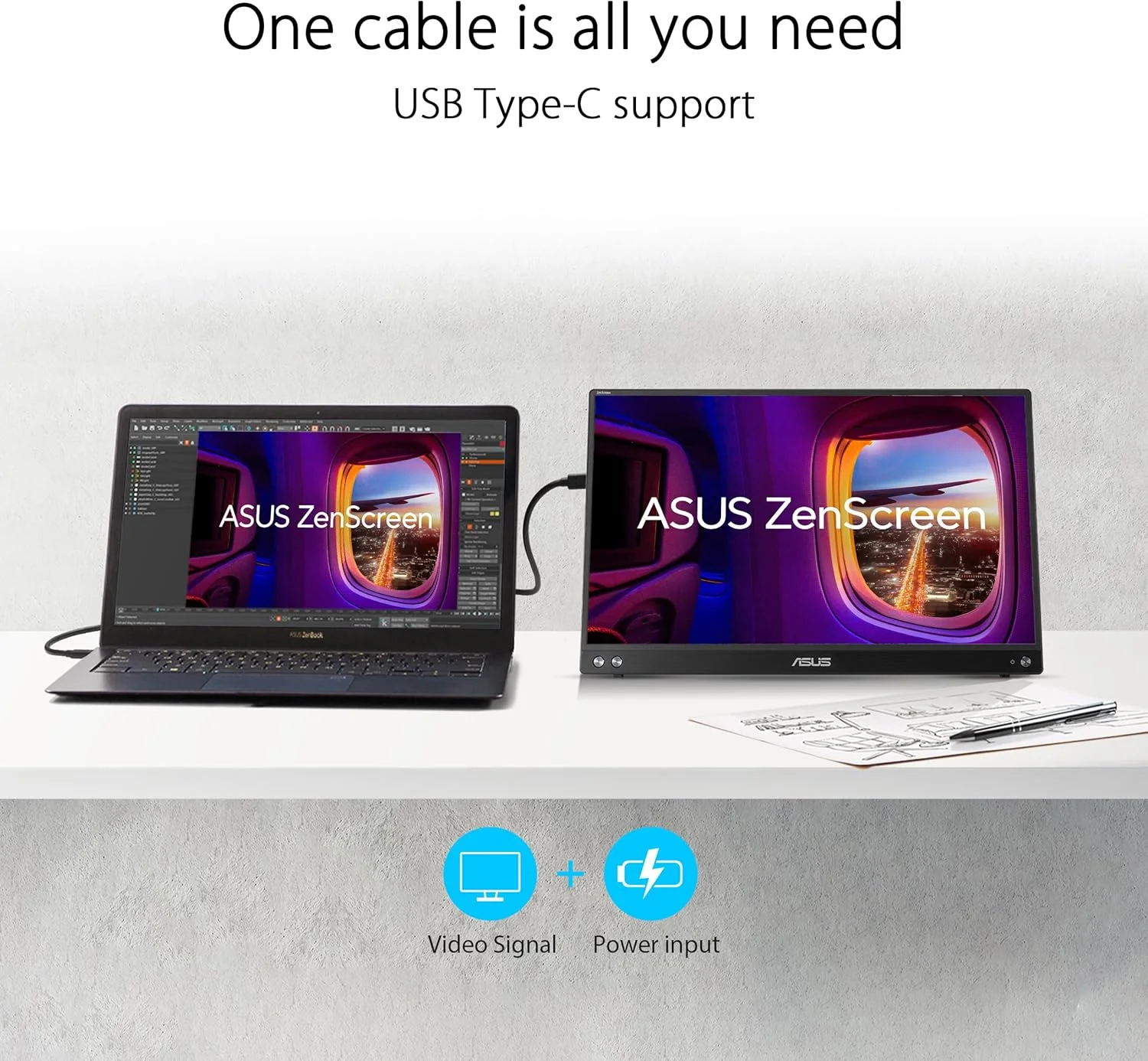 مانیتور قابل حمل ASUS ZenScreen 16 اینچ (15.6 اینچ قابل مشاهده) 1080P USB-C (MB16AHV) - Full HD، IPS، فیلتر نور آبی، ضد تابش نور، Mini HDMI، پایه، قابل نصب روی سه پایه، آستین محافظ، 3 سال گارانتی