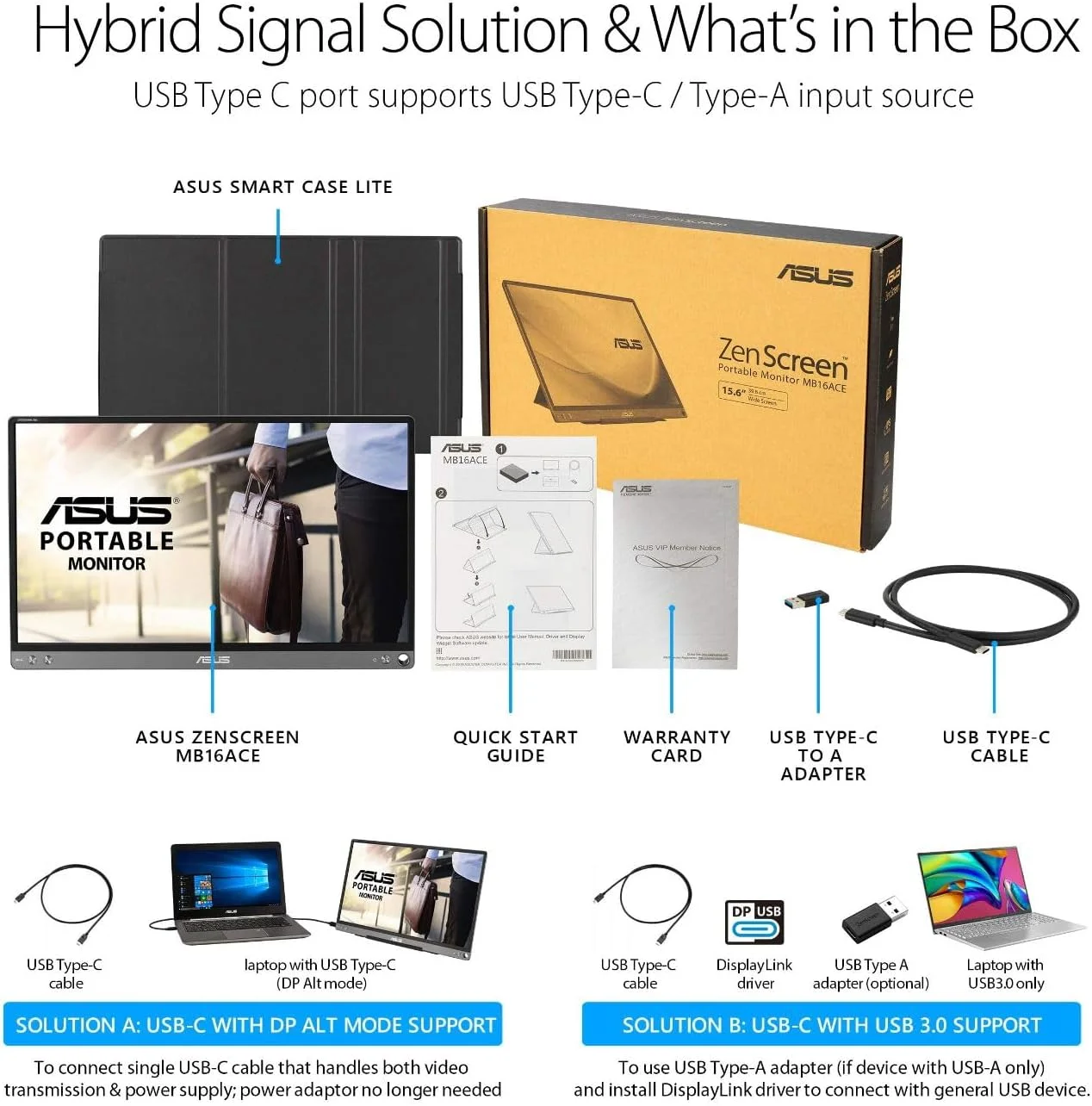 مانیتور قابل حمل 15.6 اینچی ASUS ZenScreen MB16ACE USB Type-C Full HD (1920 x 1080) IPS Eye Care با کیف هوشمند Lite، صفحه نمایش خارجی برای لپ تاپ