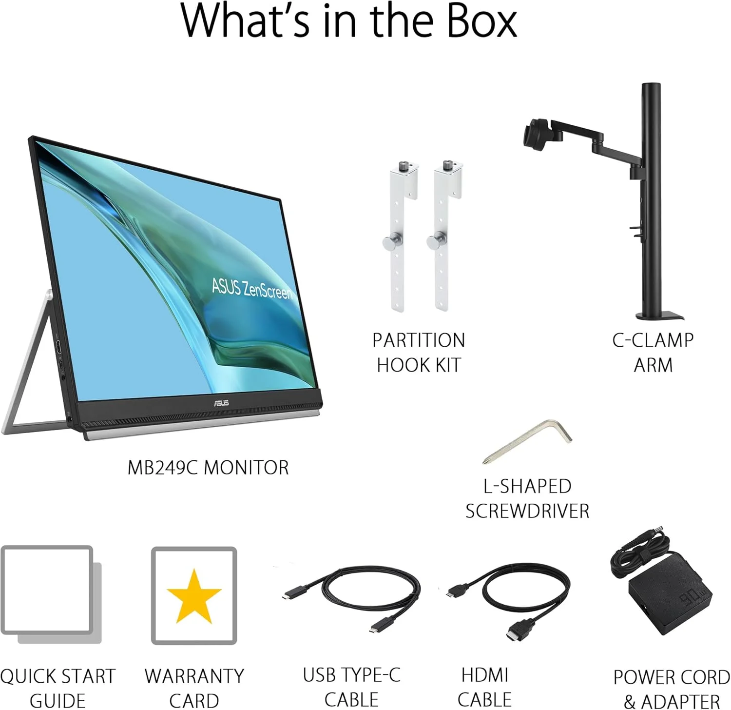 مانیتور قابل حمل USB ایسوس ZenScreen MB249C - 24 اینچ 1080P - FHD، IPS، Type-C، بلندگو، طراحی چند پایه، پایه نگهدارنده، بازوی C-clamp، قلاب پارتیشن، دسته حمل، مانیتور کار در خانه، 3 سال گارانتی