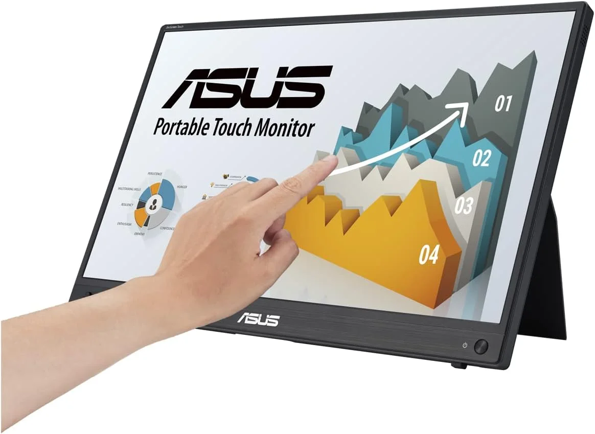 مانیتور قابل حمل لمسی ASUS ZenScreen Touch MB16AHT: 15.6 اینچ FHD (1920 x 1080)، IPS، لمس 10 نقطه ای، Mini-HDMI، پایه ارگونومیک، سوکت سه پایه، فناوری های ASUS Flicker Free و Low Blue Light - مشکی