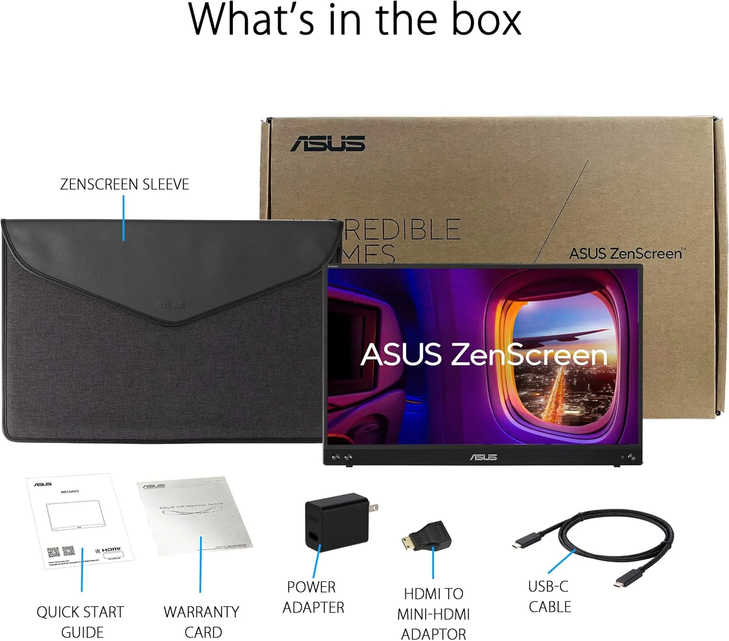 مانیتور قابل حمل ASUS ZenScreen 16 اینچ (15.6 اینچ قابل مشاهده) 1080P USB-C (MB16AHV) - Full HD، IPS، فیلتر نور آبی، ضد تابش نور، Mini HDMI، پایه، قابل نصب روی سه پایه، آستین محافظ، 3 سال گارانتی