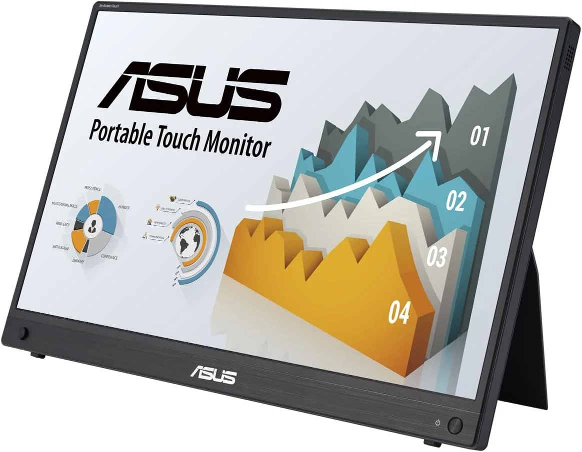 مانیتور قابل حمل لمسی ASUS ZenScreen Touch MB16AHT: 15.6 اینچ FHD (1920 x 1080)، IPS، لمس 10 نقطه ای، Mini-HDMI، پایه ارگونومیک، سوکت سه پایه، فناوری های ASUS Flicker Free و Low Blue Light - مشکی