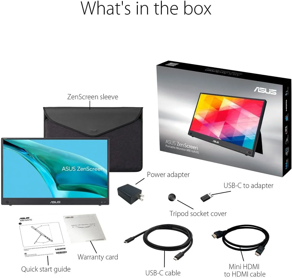 مانیتور قابل حمل ASUS ZenScreen MB16AHG - سایز 15.6 اینچ FHD (1920 x 1080)، IPS، 144 هرتز، USB-C، Mini-HDMI، Freesync Premium™، پایه ارگونومیک، سوکت سه پایه، بدون پرش تصویر، نور آبی کم