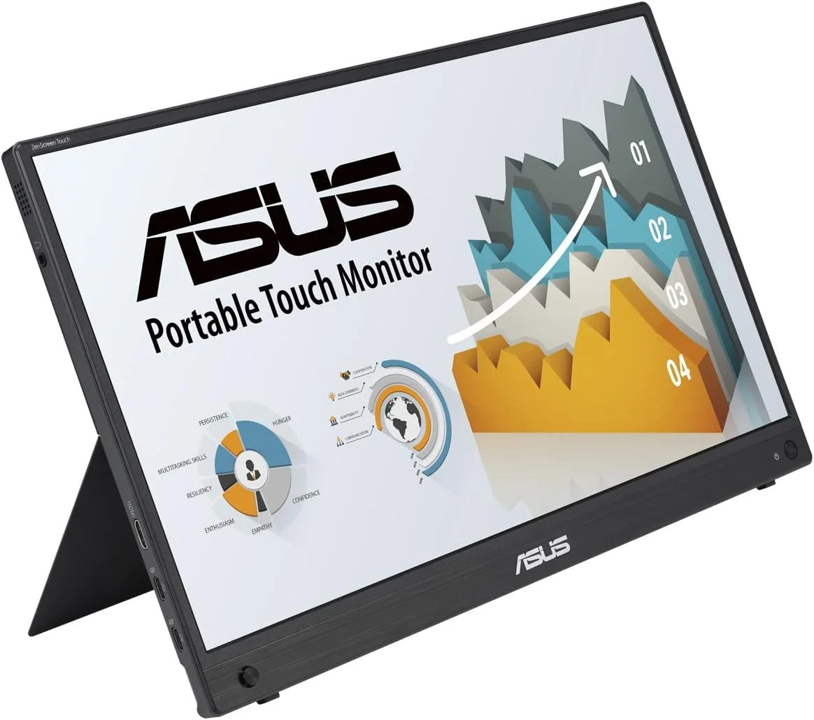 مانیتور قابل حمل لمسی ASUS ZenScreen Touch MB16AHT: 15.6 اینچ FHD (1920 x 1080)، IPS، لمس 10 نقطه ای، Mini-HDMI، پایه ارگونومیک، سوکت سه پایه، فناوری های ASUS Flicker Free و Low Blue Light - مشکی