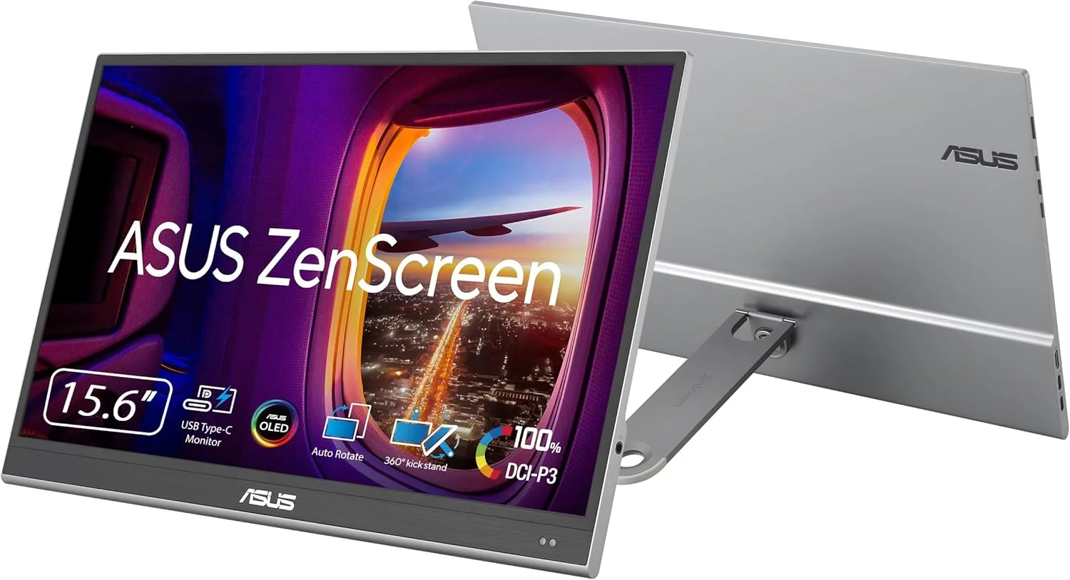مانیتور قابل حمل 15.6 اینچی USB ایسوس ZenScreen OLED MQ16AHE - 100% DCI-P3، Full HD 1920 x 1080، 16:9، 1ms، HDR 10-720g سبک وزن، USB Type-C، Mini HDMI، چرخش خودکار، پایه 360 درجه، سوکت