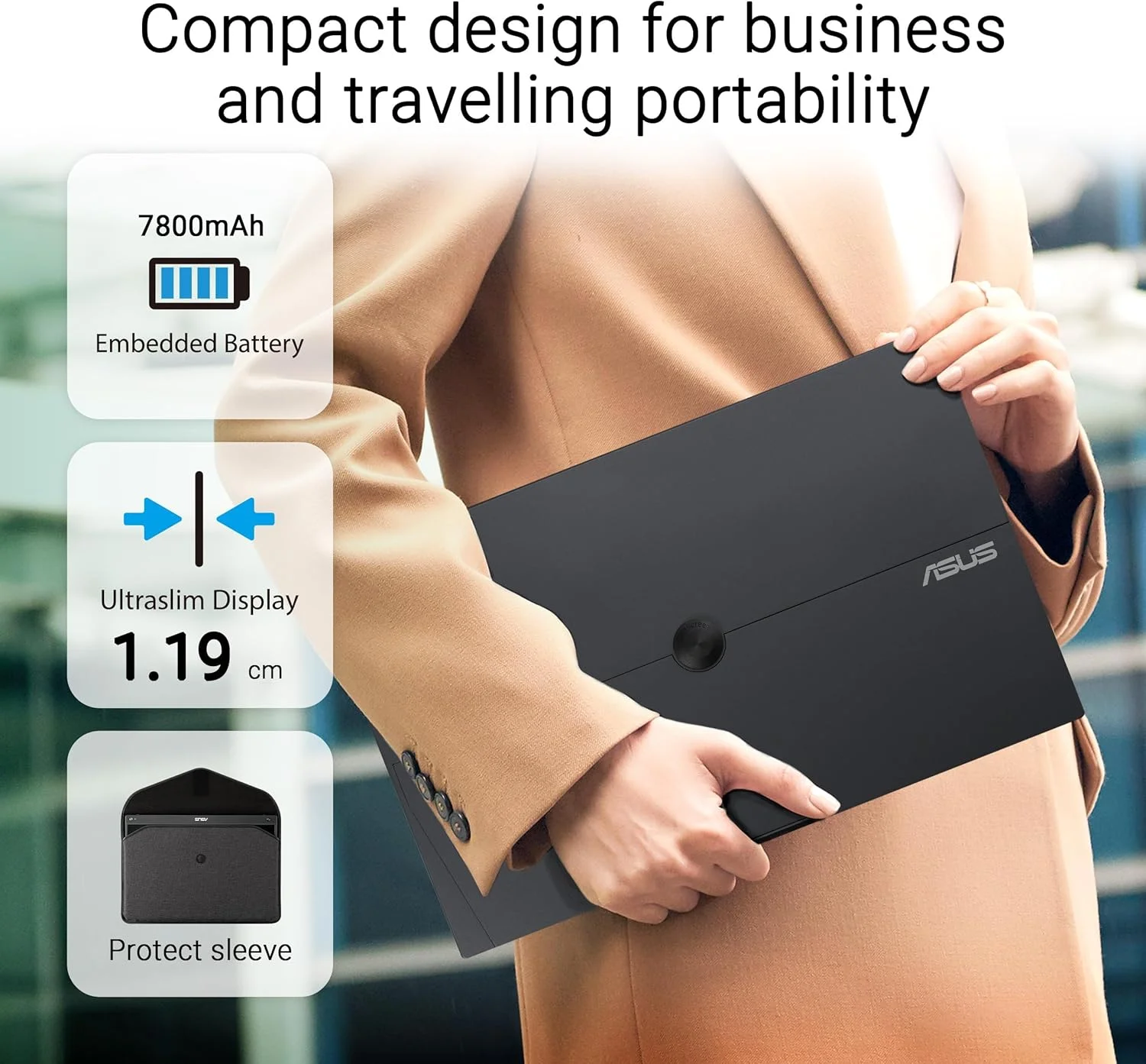 مانیتور قابل حمل لمسی ASUS ZenScreen MB16AHT | سایز 15.6 اینچ FHD (1920 x 1080) | IPS | لمس 10 نقطه ای | Mini-HDMI, Type-C | پایه ارگونومیک، سوکت سه پایه، فناوری ASUS Flicker Free و Low Blue Light