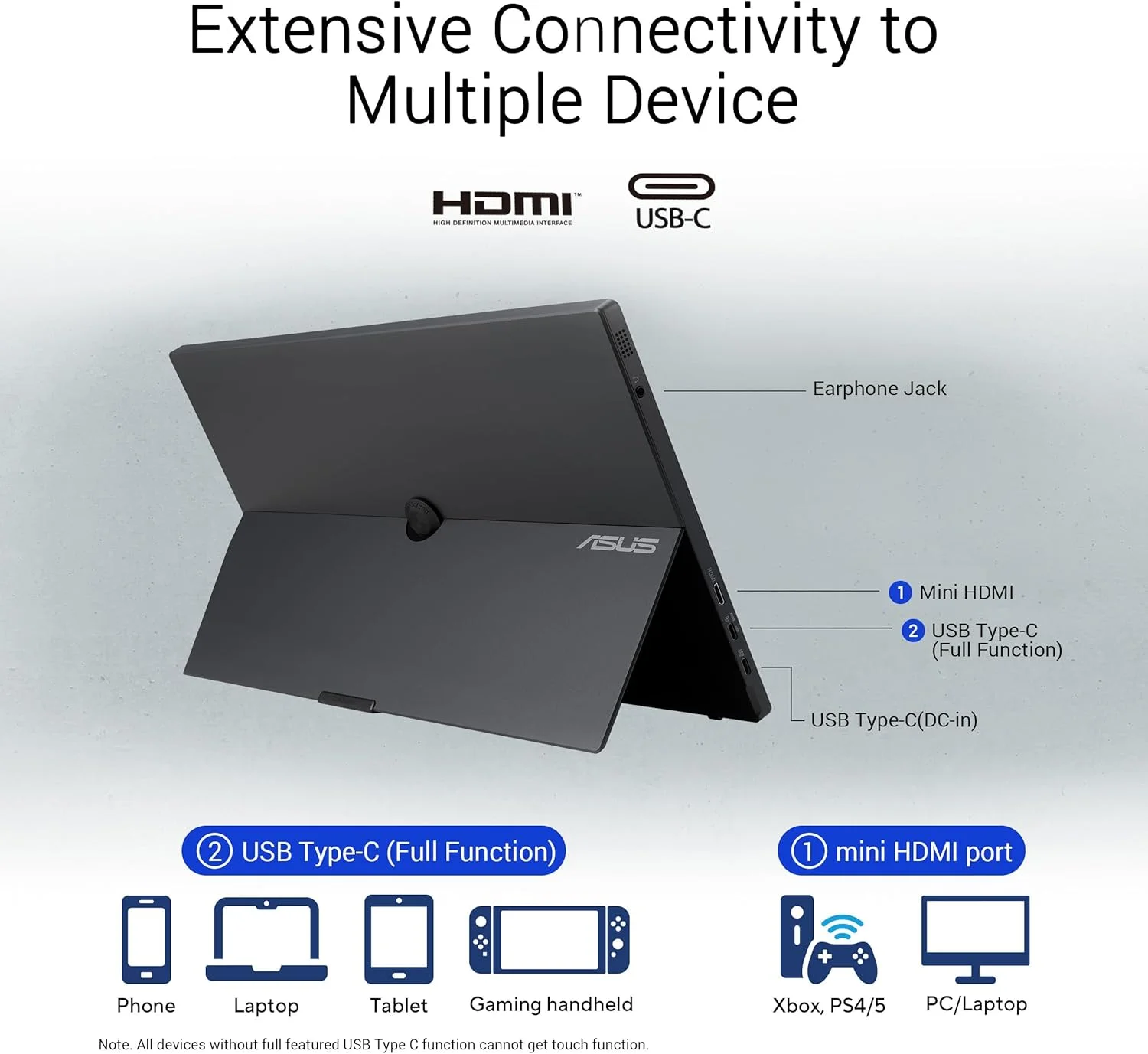 مانیتور قابل حمل لمسی ASUS ZenScreen MB16AHT | سایز 15.6 اینچ FHD (1920 x 1080) | IPS | لمس 10 نقطه ای | Mini-HDMI, Type-C | پایه ارگونومیک، سوکت سه پایه، فناوری ASUS Flicker Free و Low Blue Light