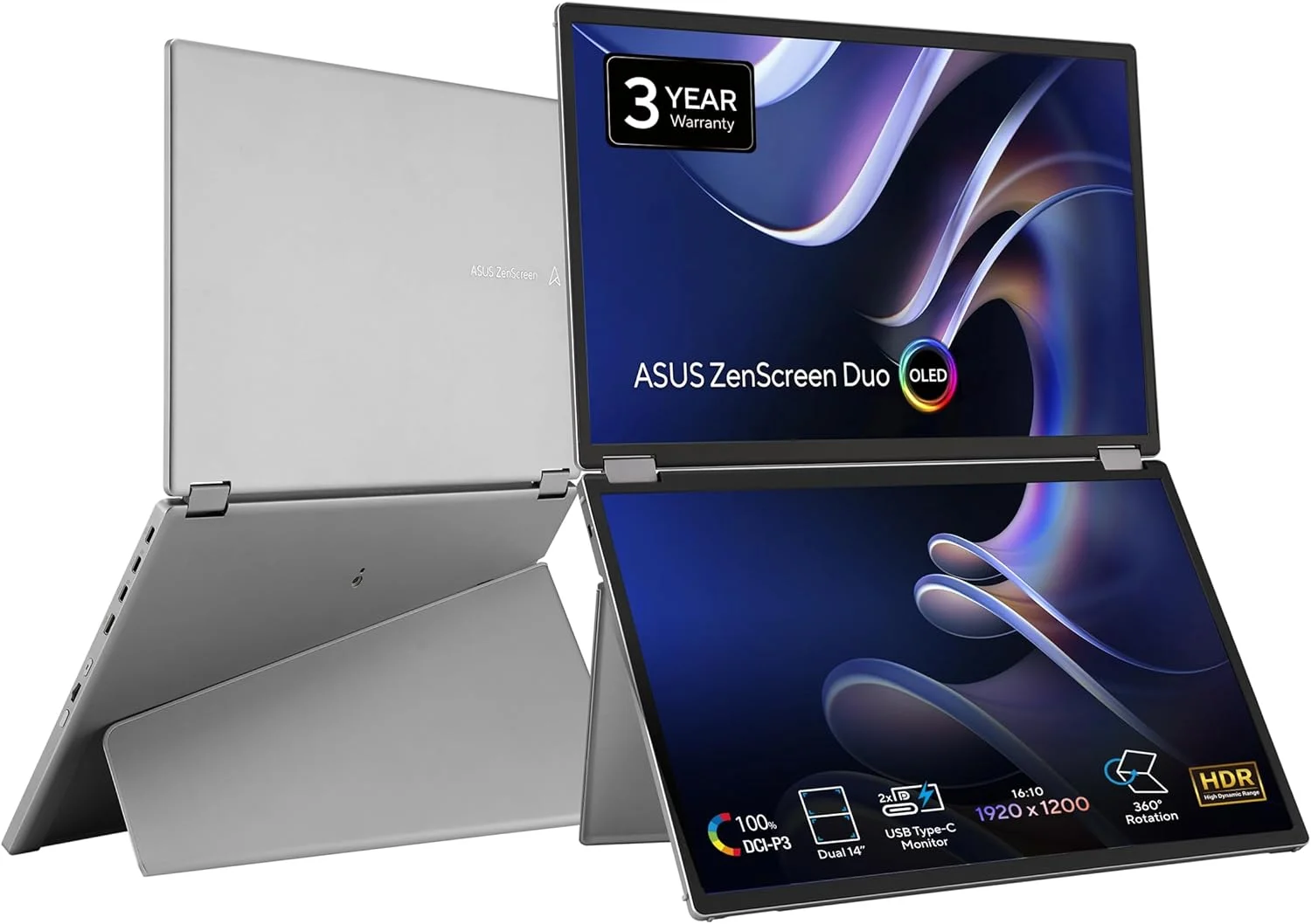مانیتور قابل حمل تاشو 360 درجه ASUS ZenScreen Duo OLED (MQ149CD) - دوگانه 14 اینچی، 16:10، 1920x1200، DisplayHDR400 True Black، 100% DCI-P3، Delta<2، دو USB-C، Mini-HDMI، پایه نگهدارنده، 3 سال گارانتی