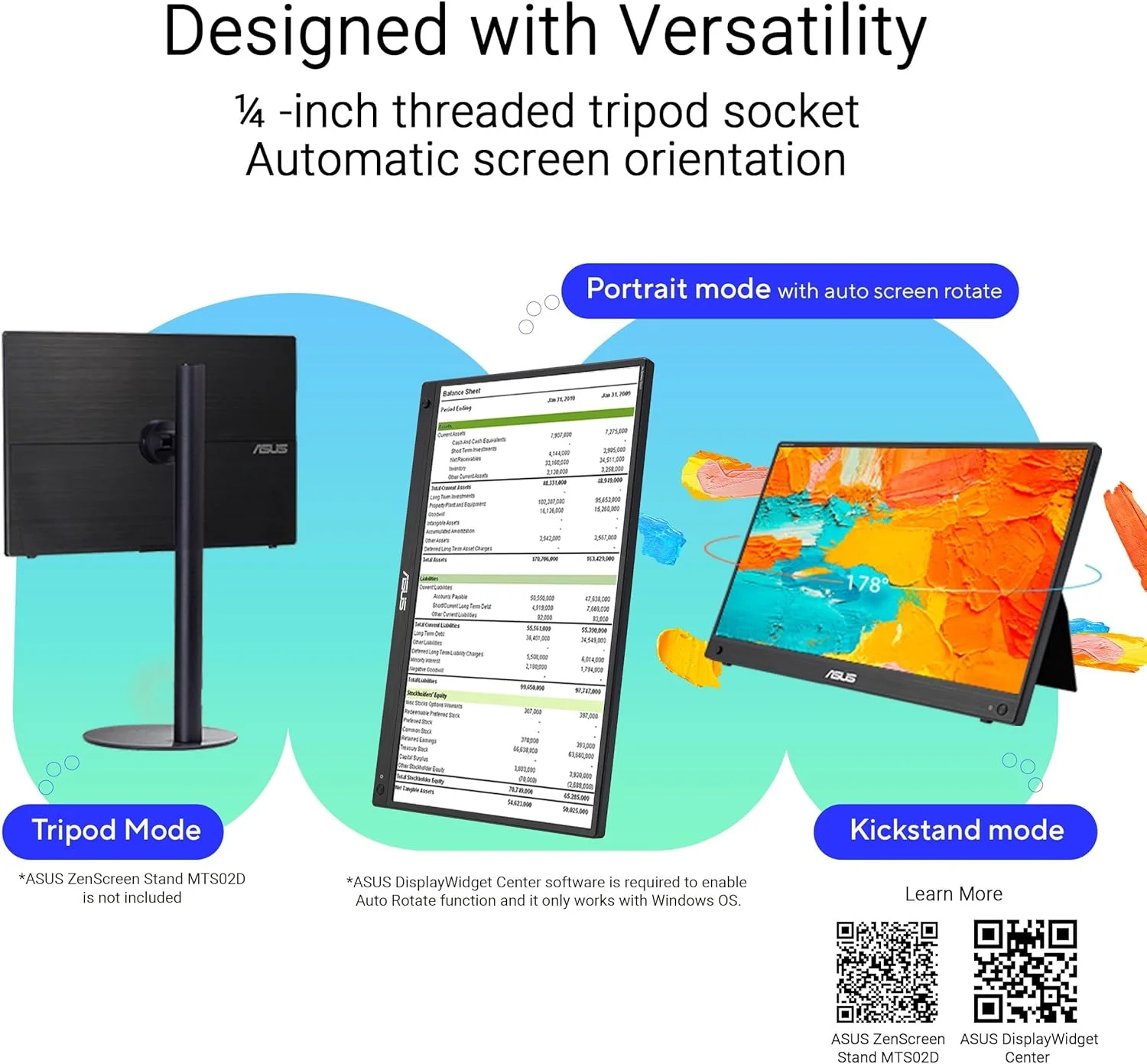 مانیتور قابل حمل لمسی ASUS ZenScreen MB16AHT | سایز 15.6 اینچ FHD (1920 x 1080) | IPS | لمس 10 نقطه ای | Mini-HDMI, Type-C | پایه ارگونومیک، سوکت سه پایه، فناوری ASUS Flicker Free و Low Blue Light