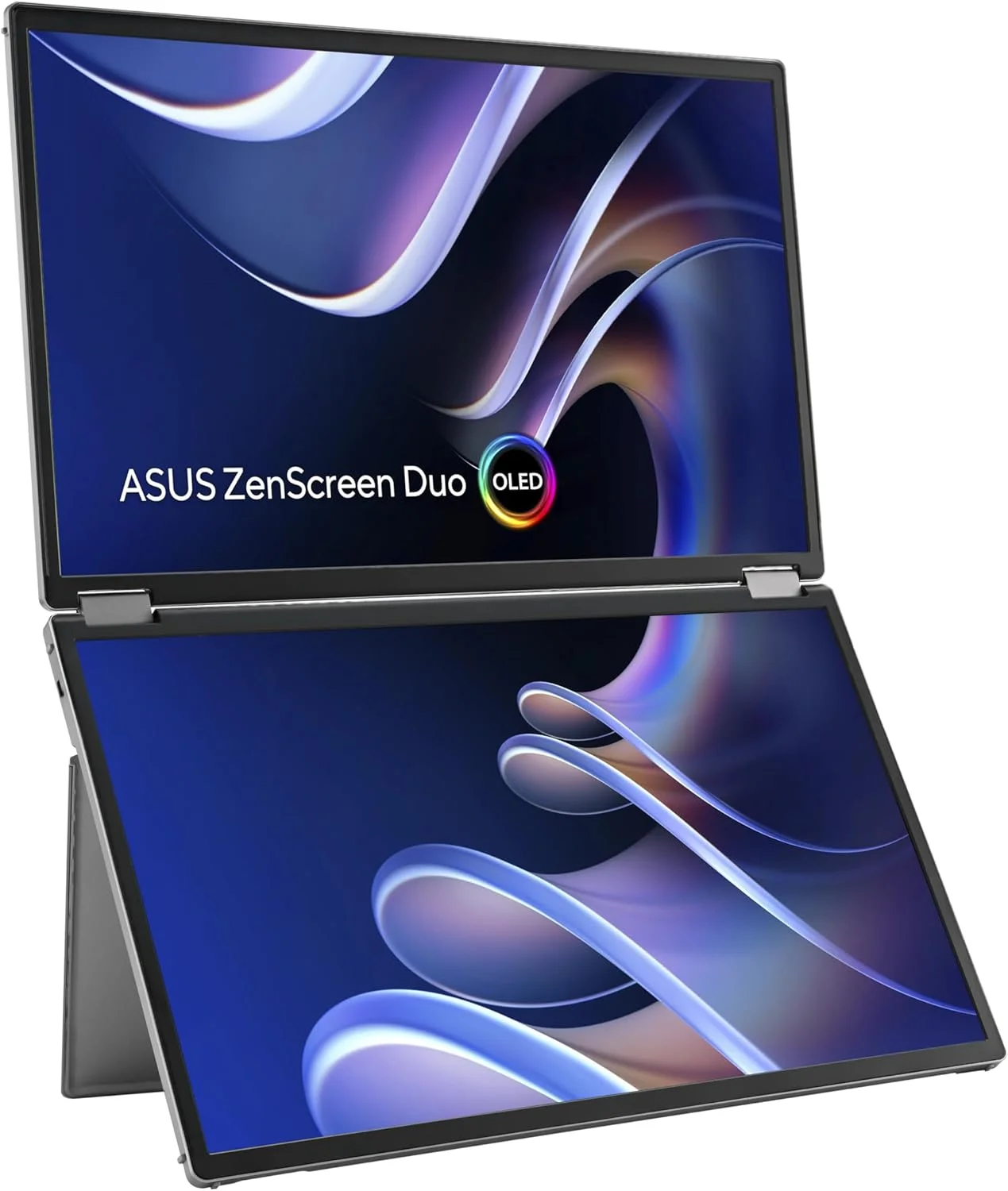مانیتور قابل حمل تاشو 360 درجه ASUS ZenScreen Duo OLED (MQ149CD) - دوگانه 14 اینچی، 16:10، 1920x1200، DisplayHDR400 True Black، 100% DCI-P3، Delta<2، دو USB-C، Mini-HDMI، پایه نگهدارنده، 3 سال گارانتی
