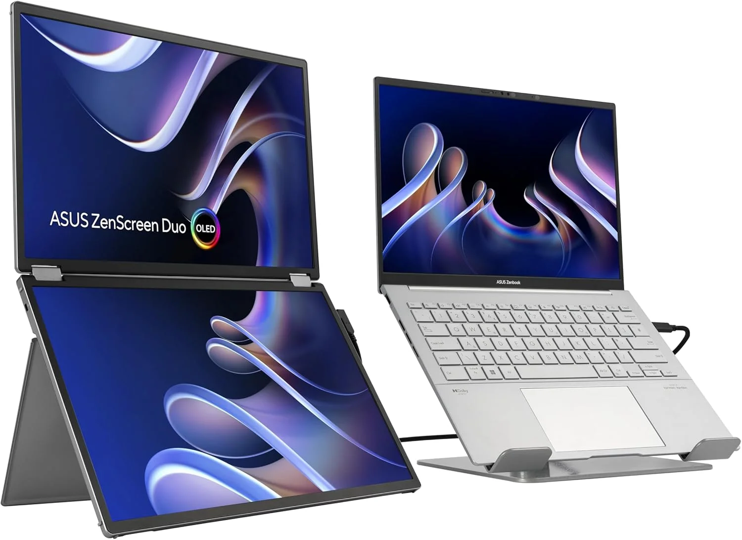 مانیتور قابل حمل تاشو 360 درجه ASUS ZenScreen Duo OLED (MQ149CD) - دوگانه 14 اینچی، 16:10، 1920x1200، DisplayHDR400 True Black، 100% DCI-P3، Delta<2، دو USB-C، Mini-HDMI، پایه نگهدارنده، 3 سال گارانتی