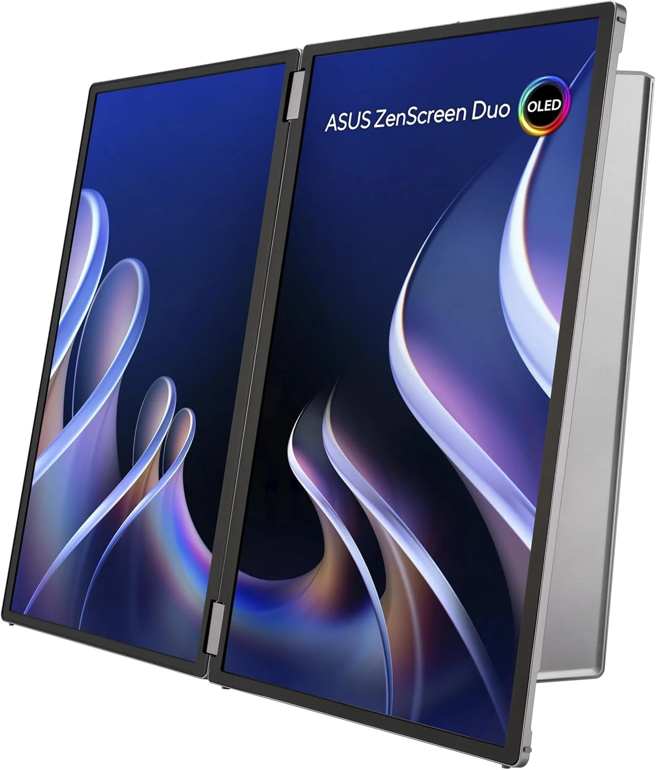 مانیتور قابل حمل تاشو 360 درجه ASUS ZenScreen Duo OLED (MQ149CD) - دوگانه 14 اینچی، 16:10، 1920x1200، DisplayHDR400 True Black، 100% DCI-P3، Delta<2، دو USB-C، Mini-HDMI، پایه نگهدارنده، 3 سال گارانتی