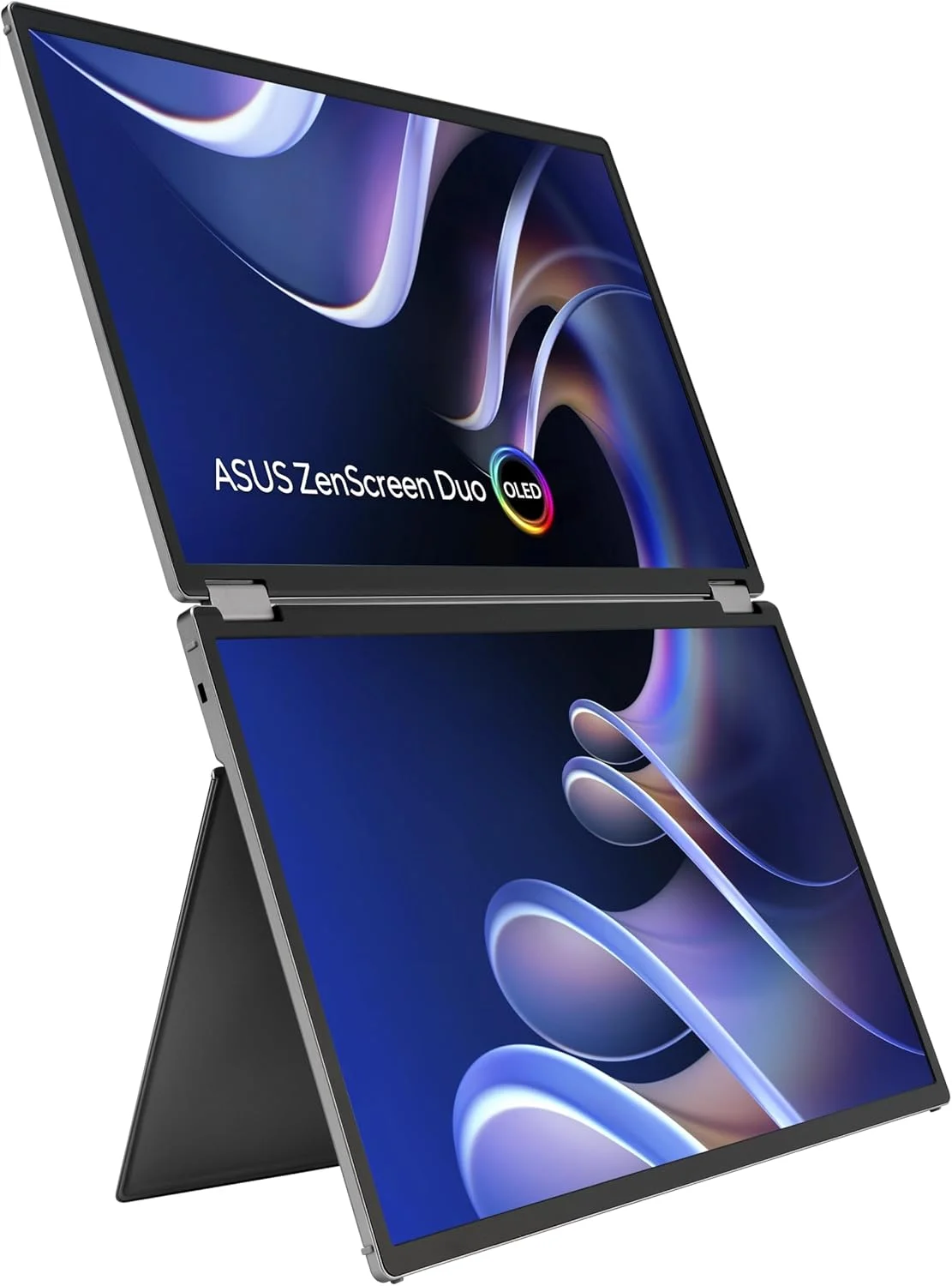 مانیتور قابل حمل تاشو 360 درجه ASUS ZenScreen Duo OLED (MQ149CD) - دوگانه 14 اینچی، 16:10، 1920x1200، DisplayHDR400 True Black، 100% DCI-P3، Delta<2، دو USB-C، Mini-HDMI، پایه نگهدارنده، 3 سال گارانتی